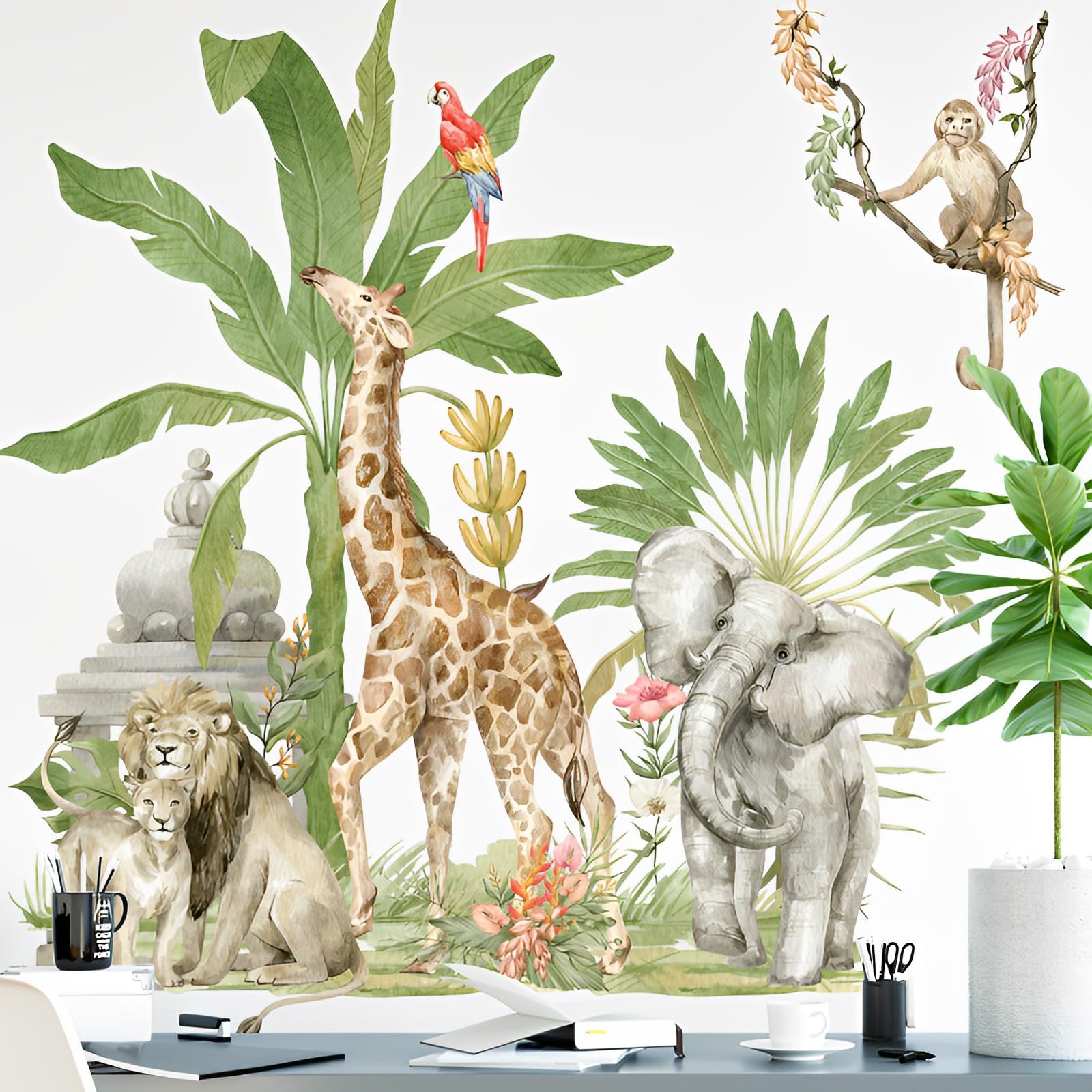 WandSticker4UWall Sticker Safari II I Wall Pictures: 74 x 86 cm I Wall Sticker Children's Room Forest Animals Jungle Elephant Giraffe Lion Monkey I Wall Sticker Baby Room Girl & Boy Decoration