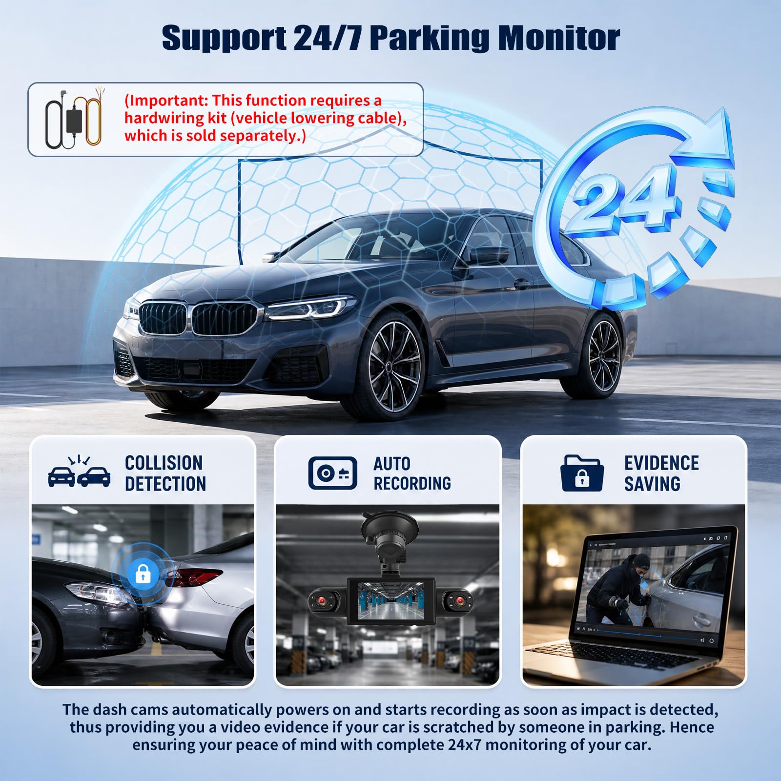 SIXTOP 4 Cámaras Dashcam con Visión Envolvente 360° DVR para Coche Pantalla Full HD 1080P 3 Pulgadas, Detección de Movimiento, Grabación en Bucle Asistencia de Marcha Atrás para Coche/Camión