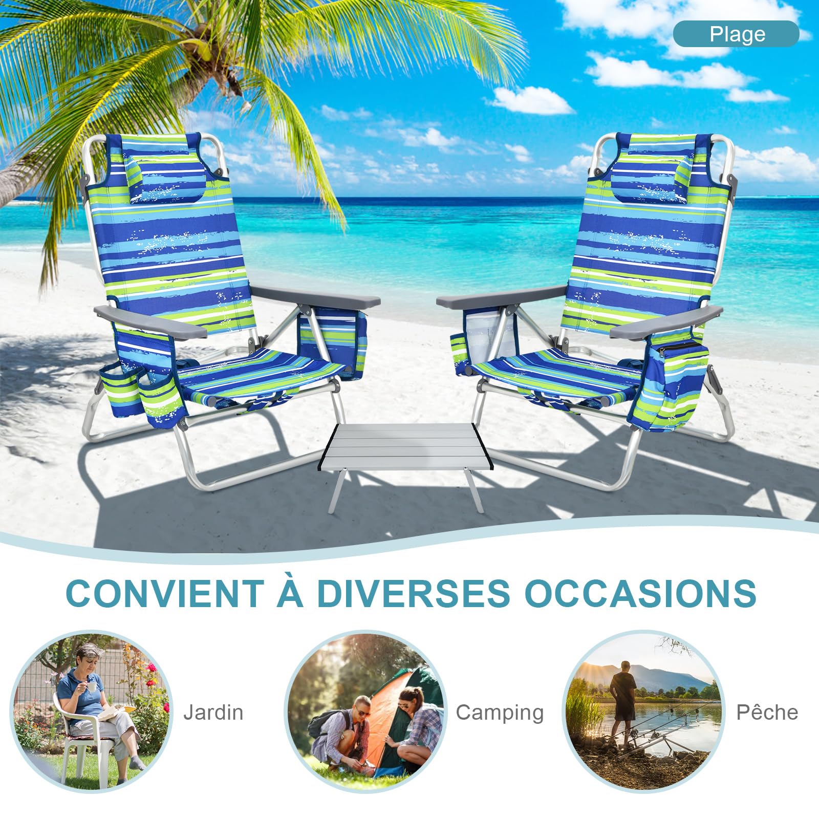 GIANTEX Chaises de Plage Pliable 3 Pcs, Chaises de Camping 5 Positions avec Dossier Haut et Table Enroulable, Chaise de Jardin Inclinables Charge 136 KG (Bleu + Vert)