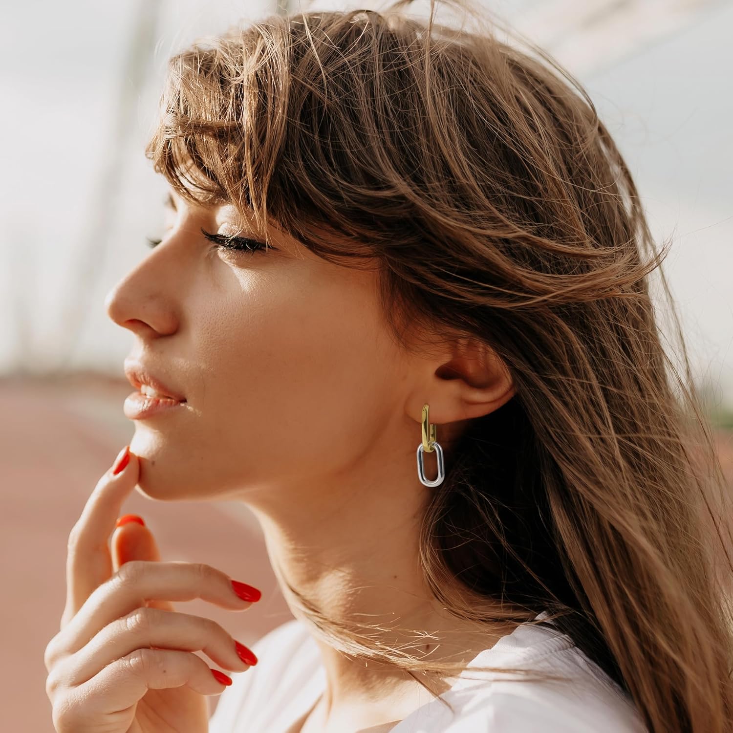 14K Two Tone Gold Silver Hoop Earrings for Women Drop Dangle Paperclip Earrings Convertible Link Chain Earing - Image 5