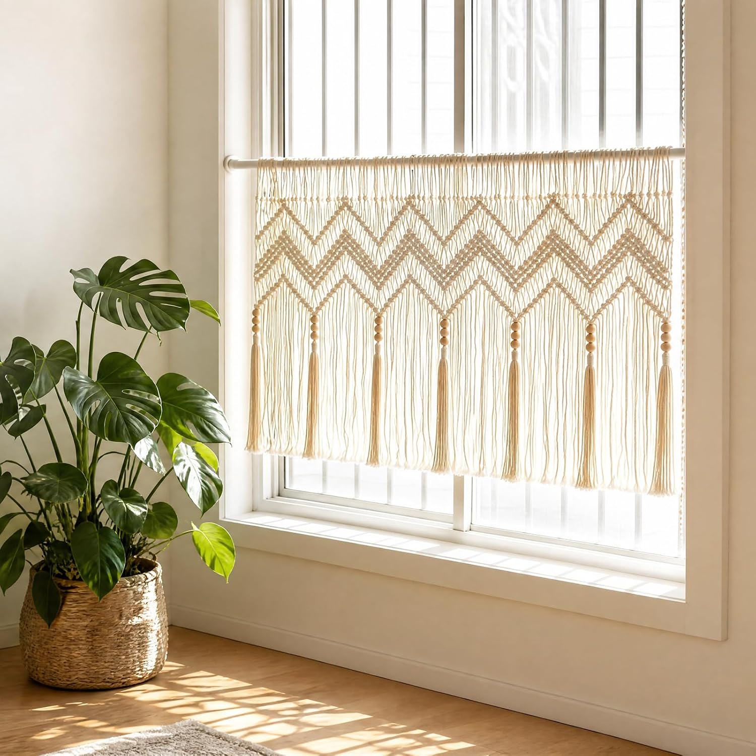 Macramé Window Valance Curtain, 100% Cotton, Boho Handwoven Fringe with Wood Beads, 40" x 25", Light Filtering Beige（NO Rod Included