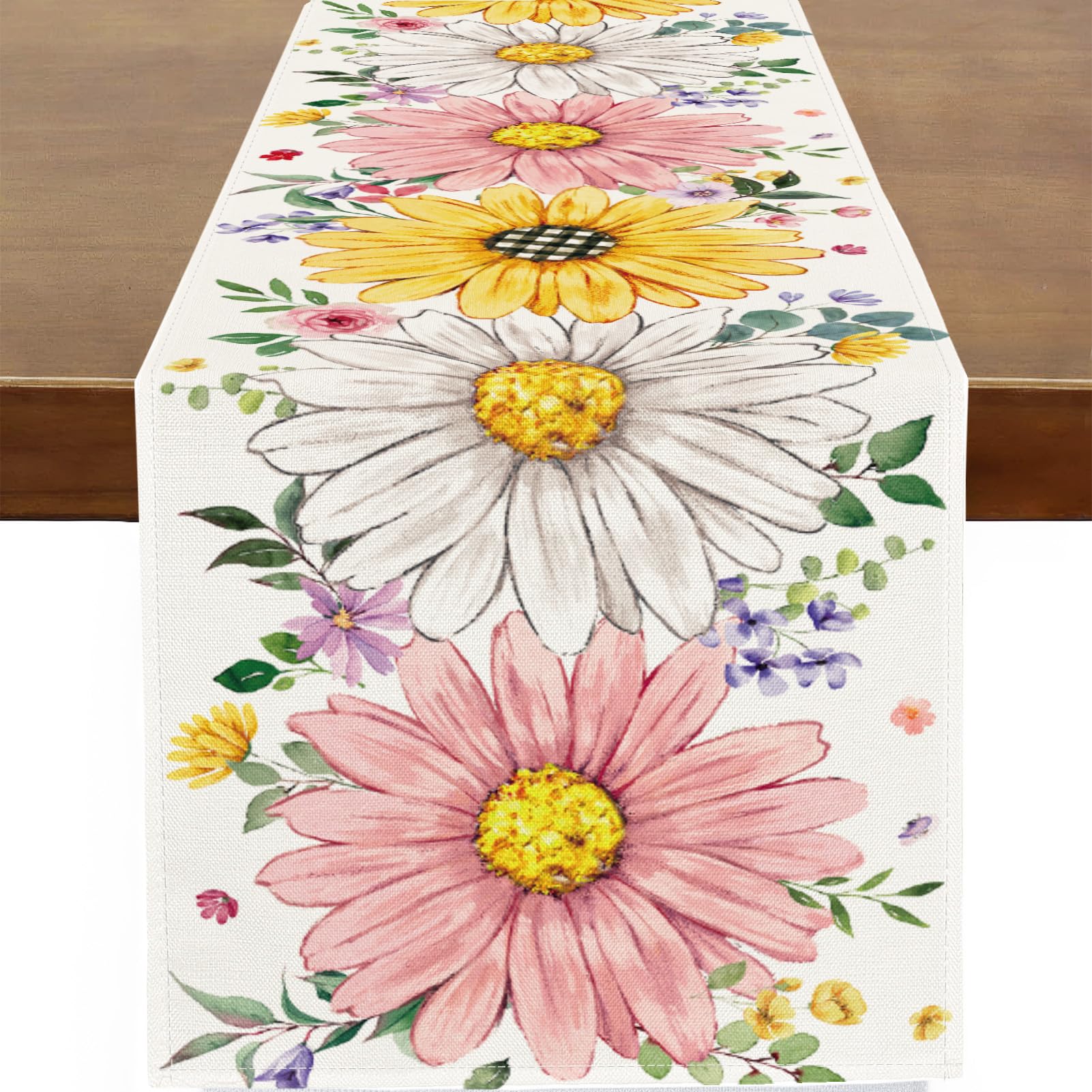 Baccessor Camino de mesa de flores de margaritas de primavera y verano, acuarela, girasoles, mesa de cocina, comedor, boda, aniversario, fiesta, vacaciones, decoración del hogar, 13 x 48 pulgadas