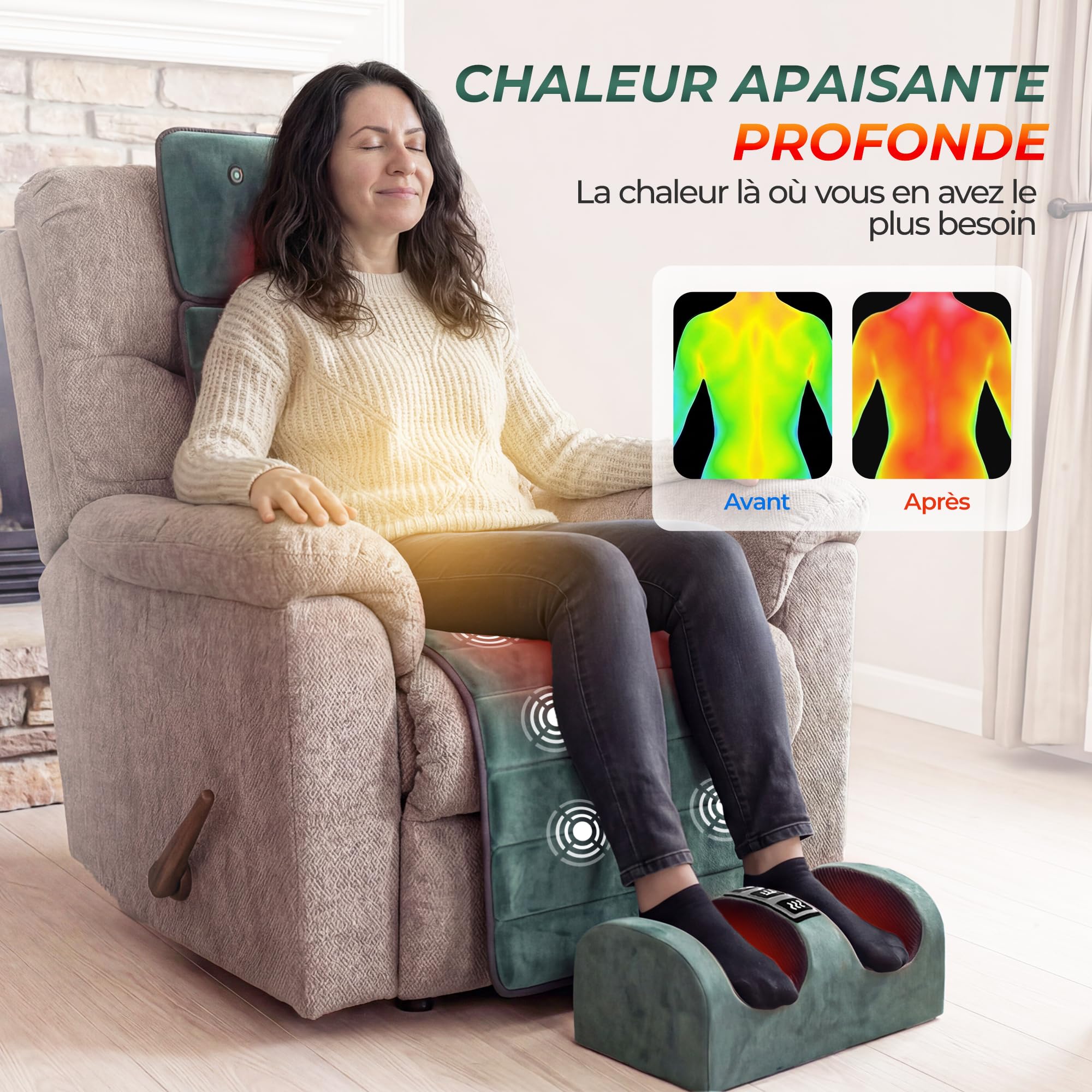Tapis de Massage Shiatsu 3-en-1 : Masseur Cou Amovible, Matelas de Vibration Corps Entier avec Chaleur et Appareil de Massage des Pieds, Soulagement Dos et Jambes, Pliable, Velours, Vert