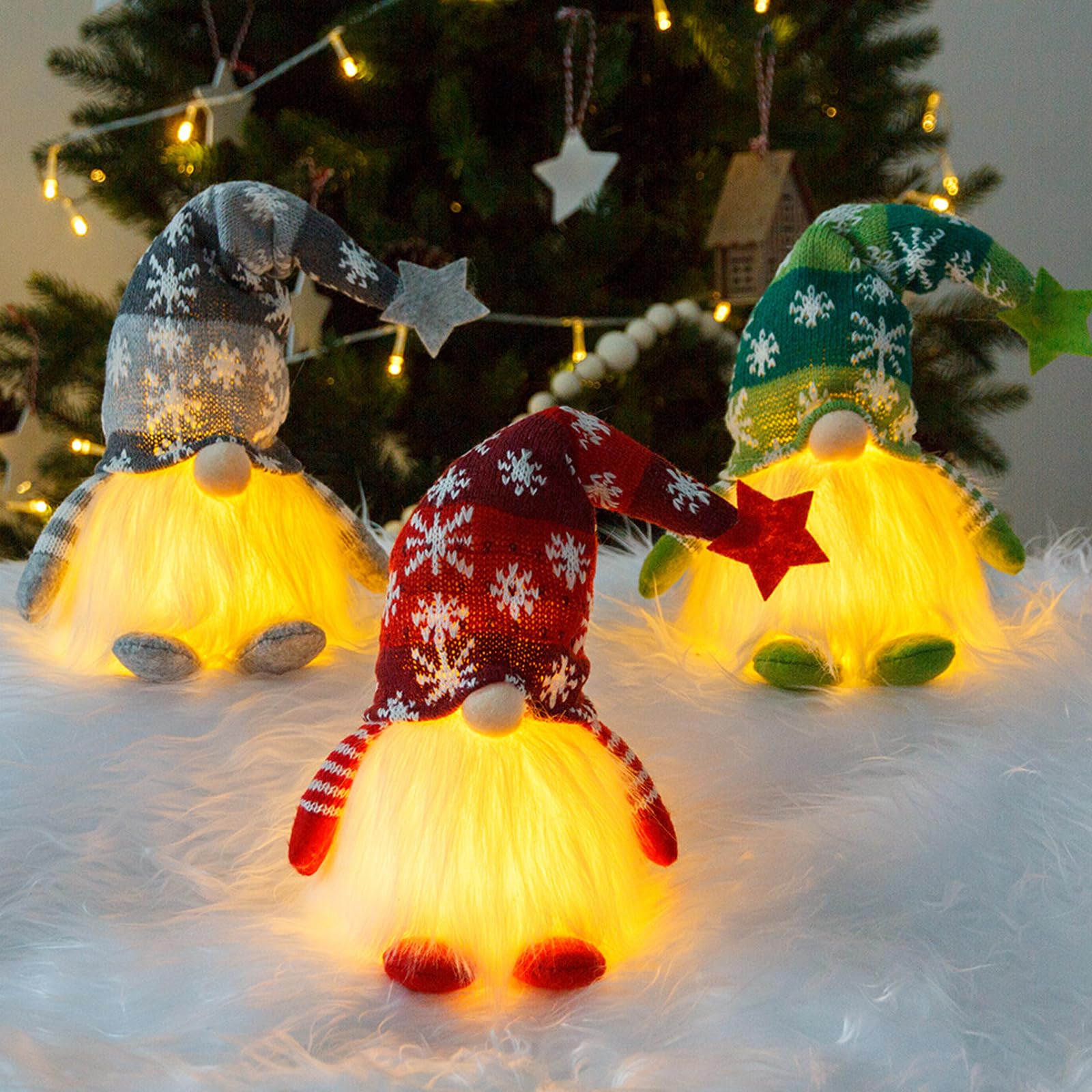 Beauenty 3 PCS 12" Christmas Gnome Lights, Handmade Plush Mini Scandinavian Swedish Tomte, Battery Operated Winter Tabletop Christmas Decorations, Lighted Gnomes Plush Christmas Gifts (B)