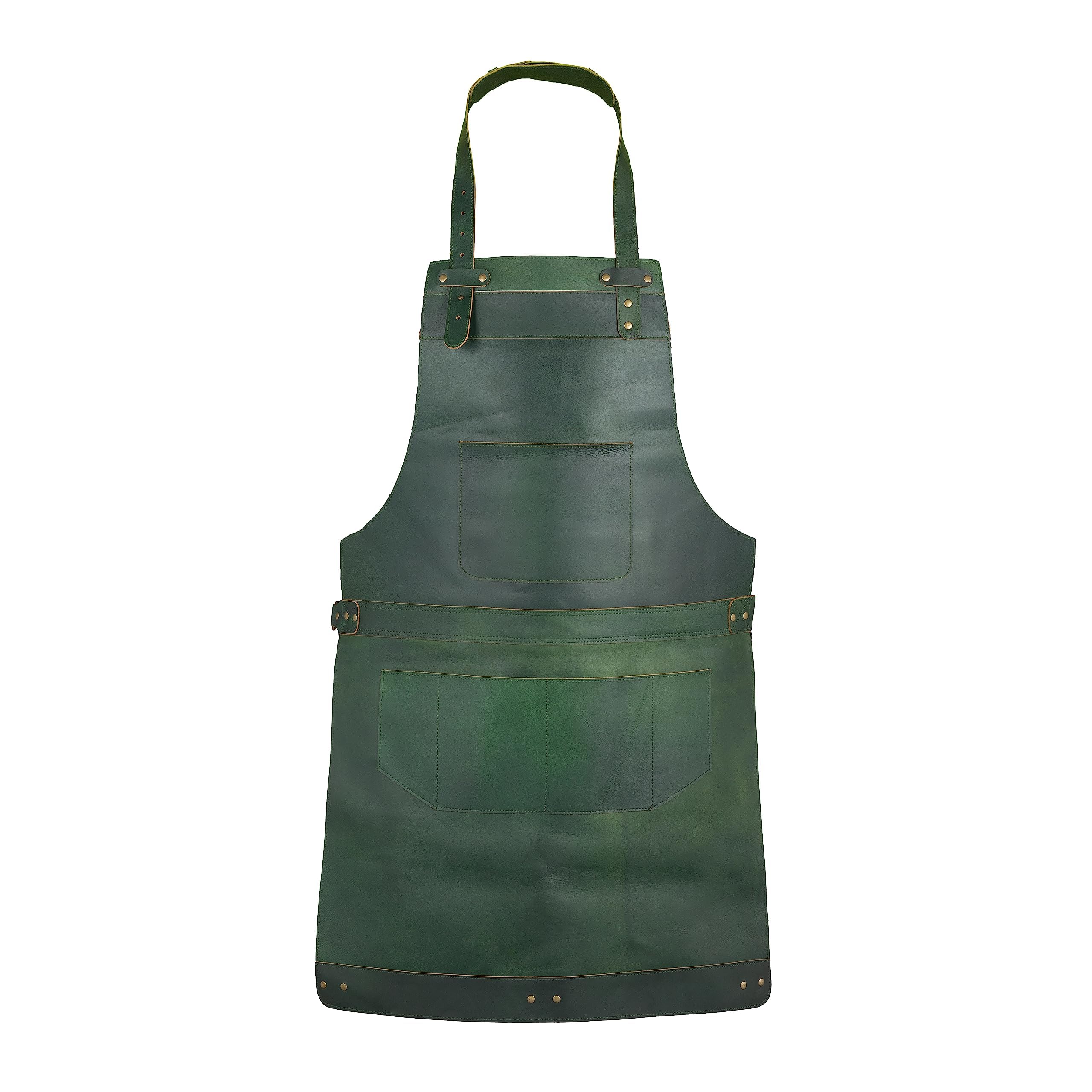 Leathershire Green Full Grain Leather Apron Butcher, Cook, Bbq, Cooking, Grilling, Blacksmith Apron (Green)