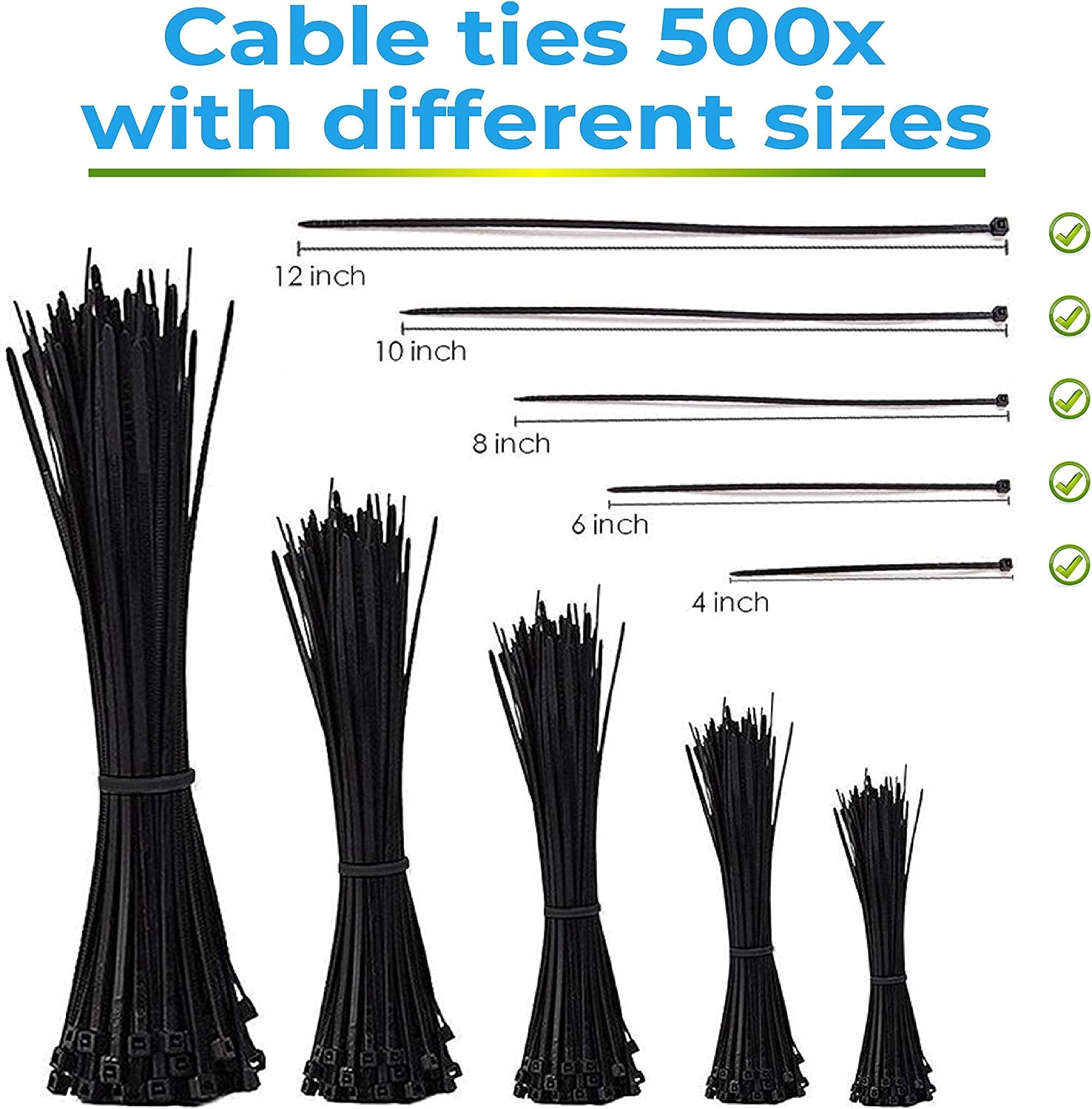 500x Black Zip Ties | Self-Locking Cable Ties | 4" / 6" / 8" / 10" /12" x 0.19" extra strength 6.6 Nylon Zip Ties | 100pcs each size