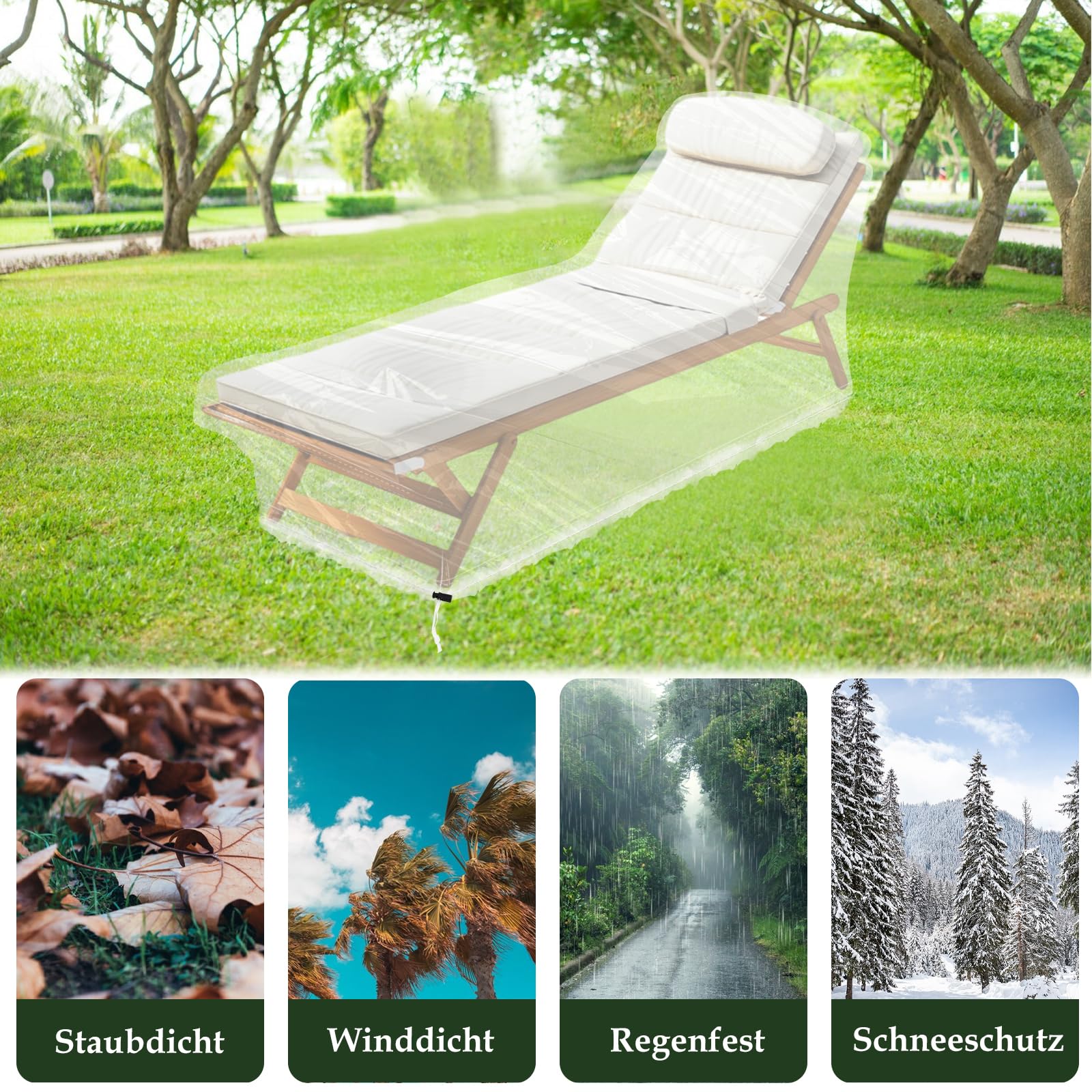 Housse de protection pour chaise longue de jardin, chaise longue, avec cordon de serrage, 200 x 70 x 75 cm, transparente, pour meubles de jardin, chaise longue, housse imperméable