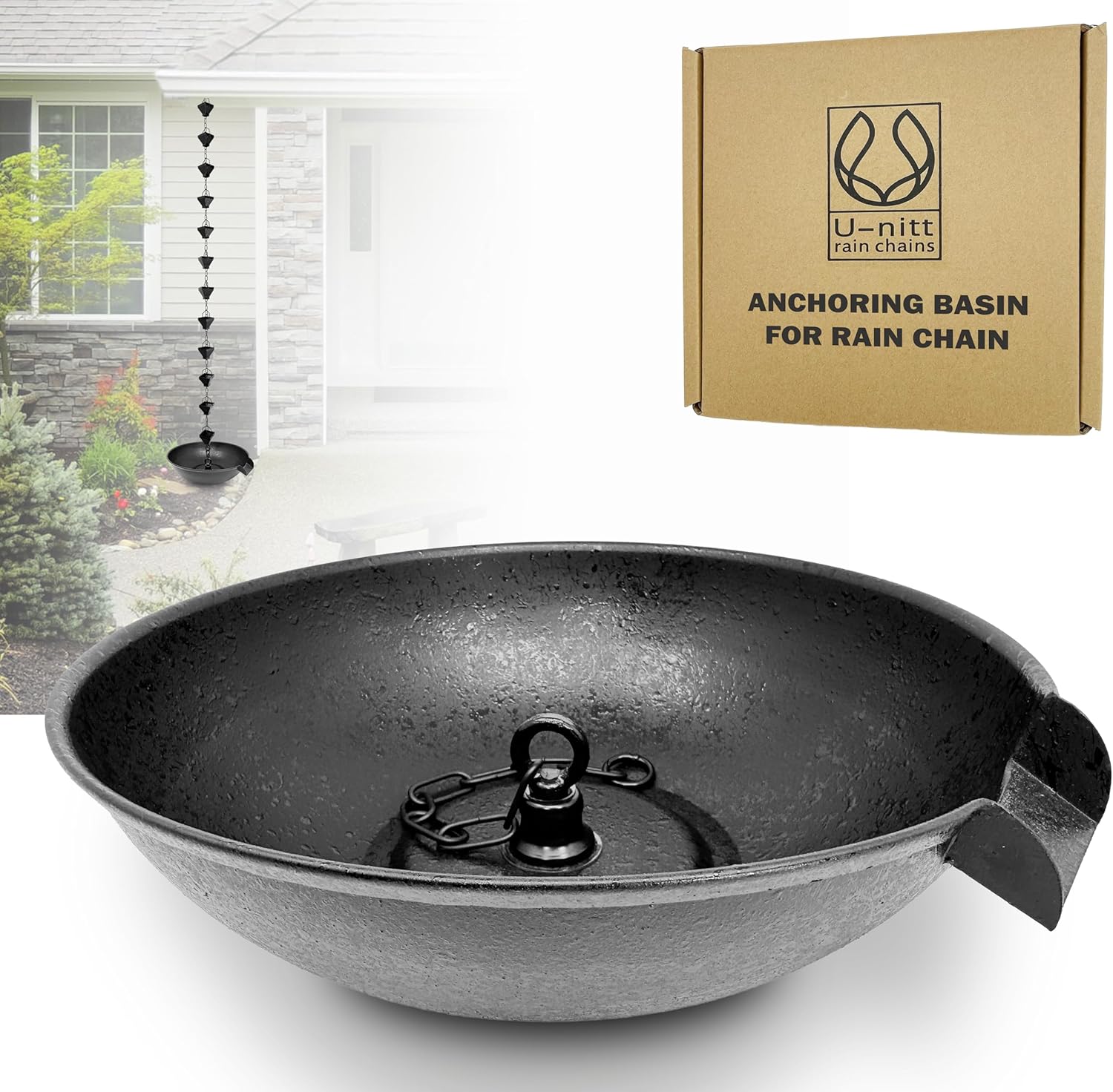 12" Spill Bowl Catch Basin for Rain Chain Anchoring & Stake | Rainwater Collection for Roof Gutter Downspout | Good For Water Fountain & Birdbath | Black | Works with Rainchain | Handles Heavy Rain