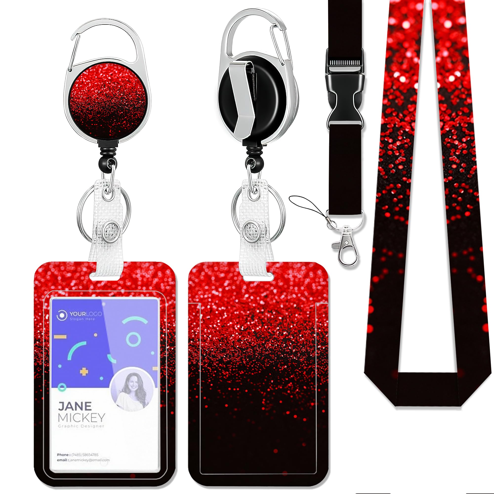 Lanyards for Id Badges,Christmas Red Black Glitter Id Badge Holder Heavy Duty and Retractable Keychain,Retro Badge Reel with Carabiner Clip,Women
