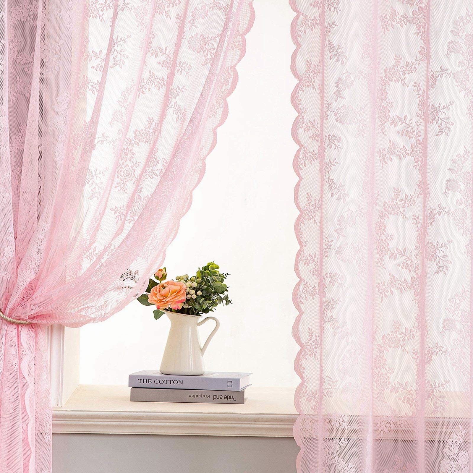 MIULEE Tende di Pizzo-Tende Rosa Chiaro per Finestre in Pizzo Trasparente Ricamate Floreali per Camera da Letto Soggiorno, Tenda Ricamate con Occhielli, 2 Pezzi Tenda, 2 X150x245cm(LxA)