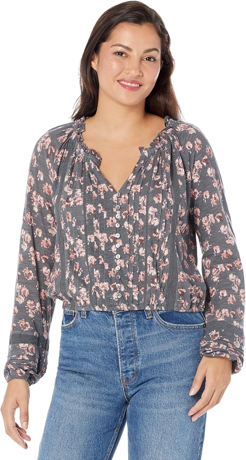 Lucky Brand Embroidered Peasant Lace Trim Top