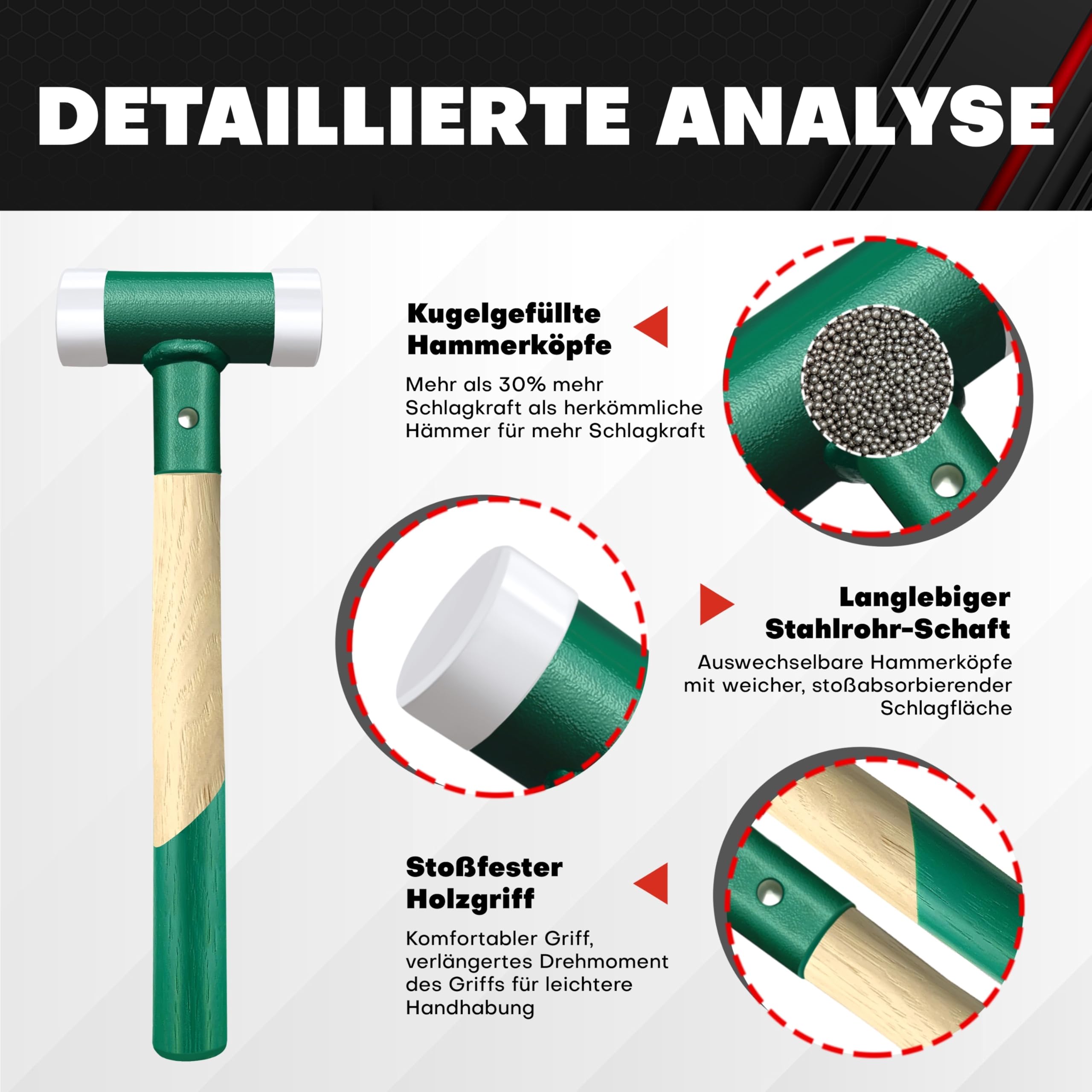 C&T Martello di protezione, martello di protezione senza contraccolpo, battente morbido, diametro 40 mm, manico in legno con testa in nylon intercambiabile per manutenzione e montaggio, 40 mm, manico