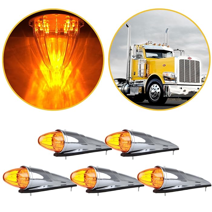 ECCPP 5-Pack Amber 17LED Cab Marker Lights - Chrome Torpedo Roof Running Clearance Lights For Trucks, Trailers, Peterbilt, Kenworth & More - View #4
