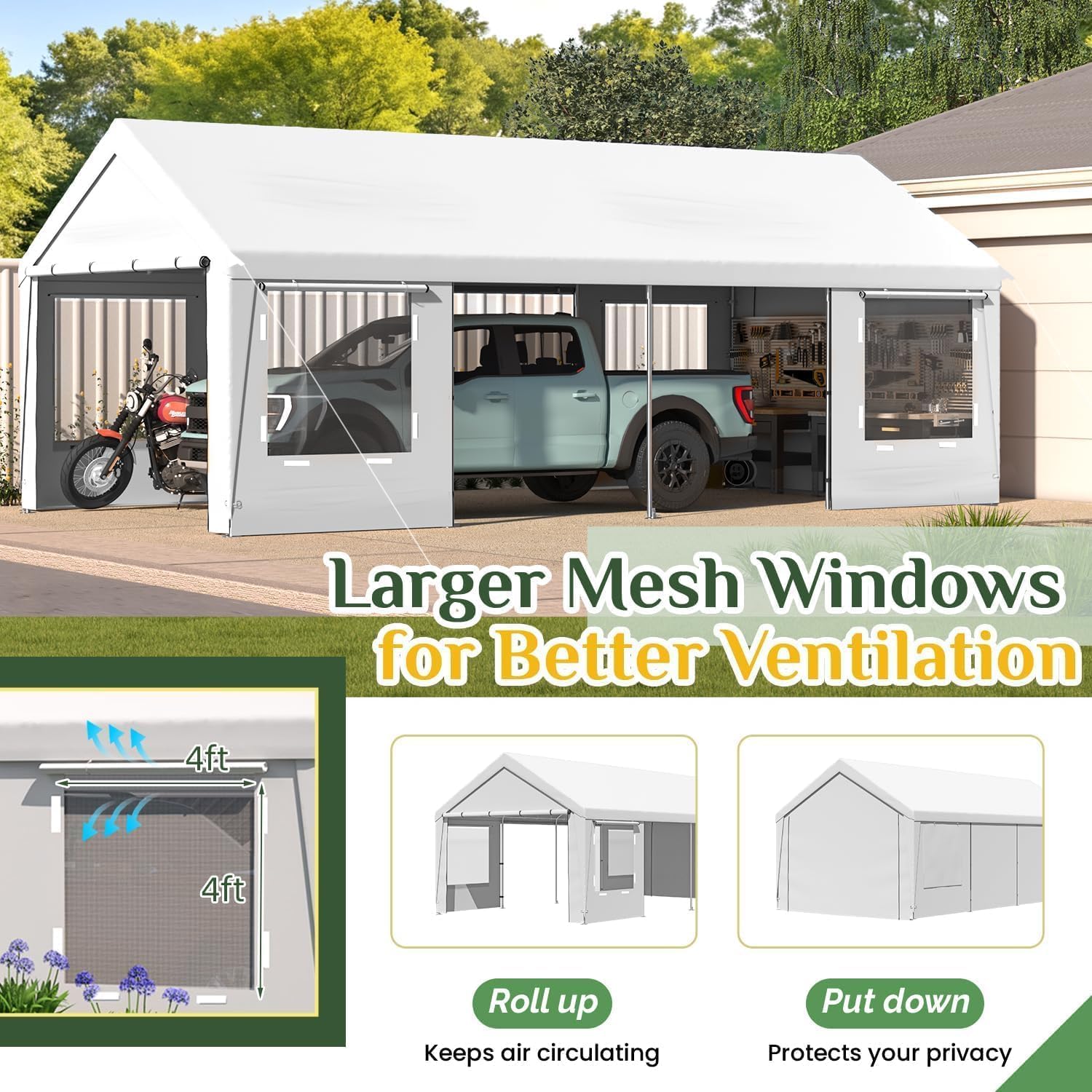EROMMY Carport, 12x24 Ft Heavy Duty Carport with Roll-up Windows，Portable Garage with Removable Sidewalls, Car Canopy with Sandbags and All-Season Tarp for Tractor, Truck, Boat, White