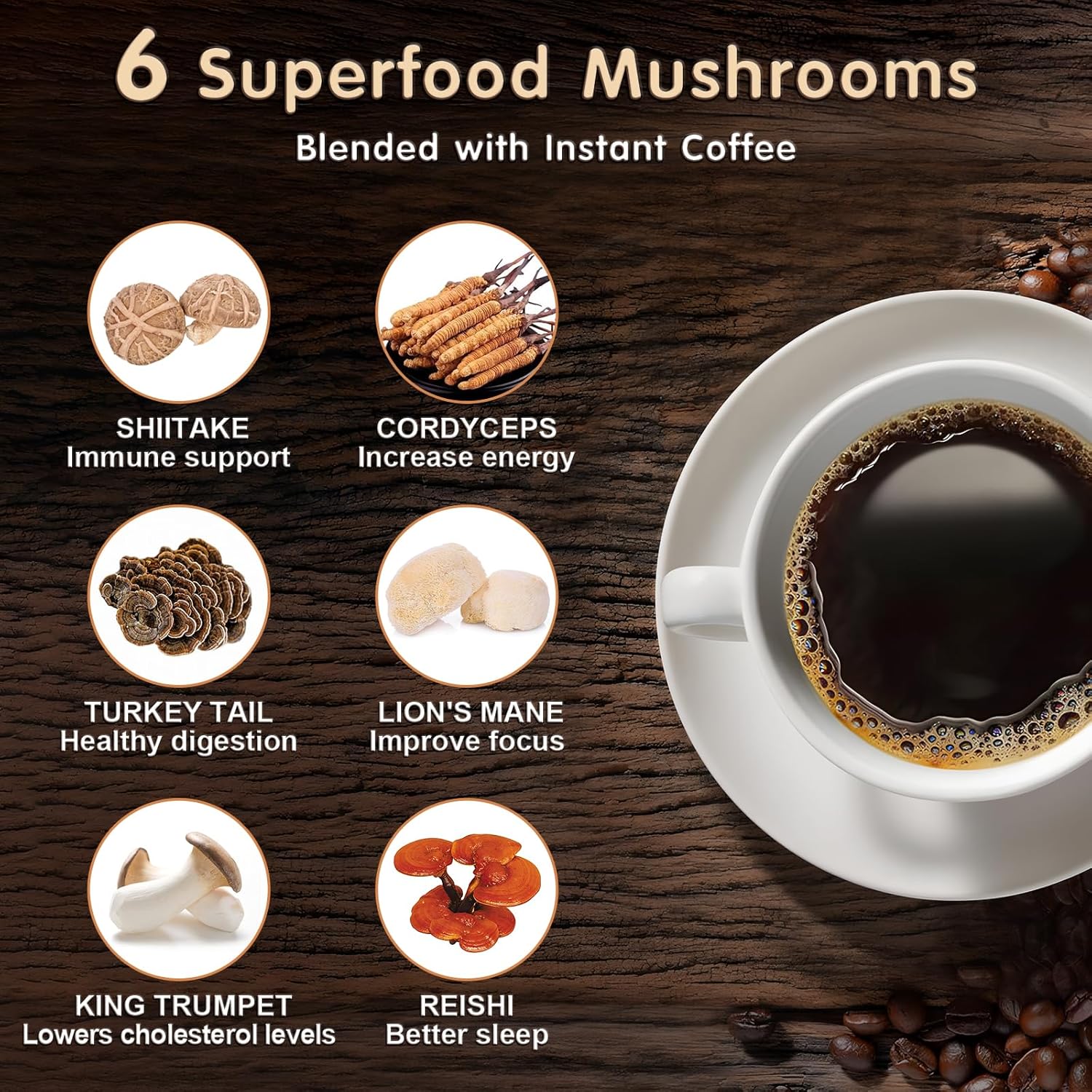 Mushroom Coffee, 6 Adaptogenic Mushrooms with Lion's Mane, Cordyceps, Turkey Tail & More, Instant Mushroom Coffee for Focus, Energy, Immune & Digestion Support - Image 3