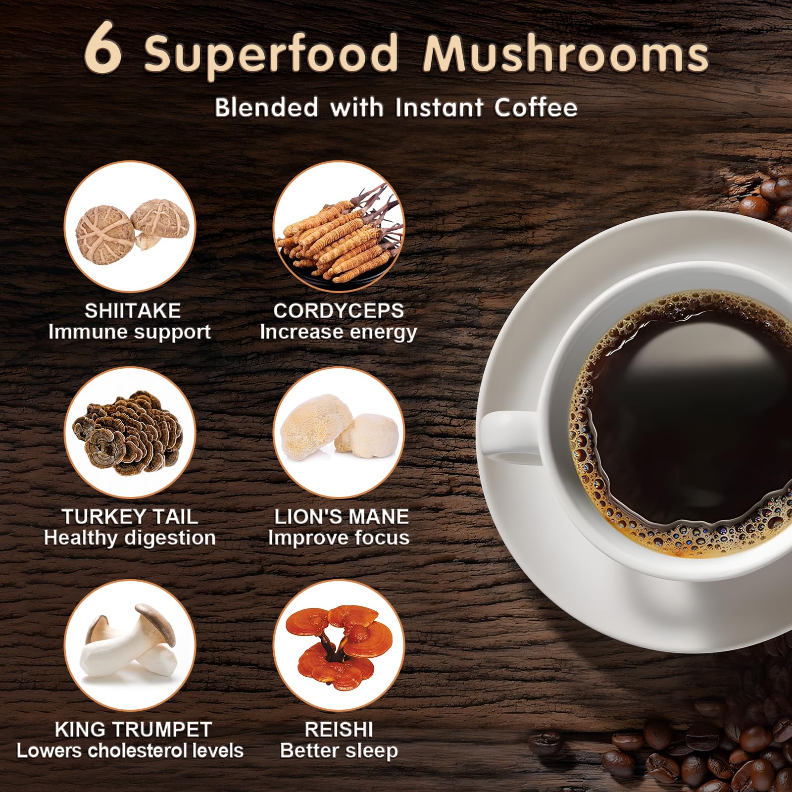 Mushroom Coffee with 6 Adaptogenic Mushrooms, Medium Roast, 60 Servings — Amazon image 3