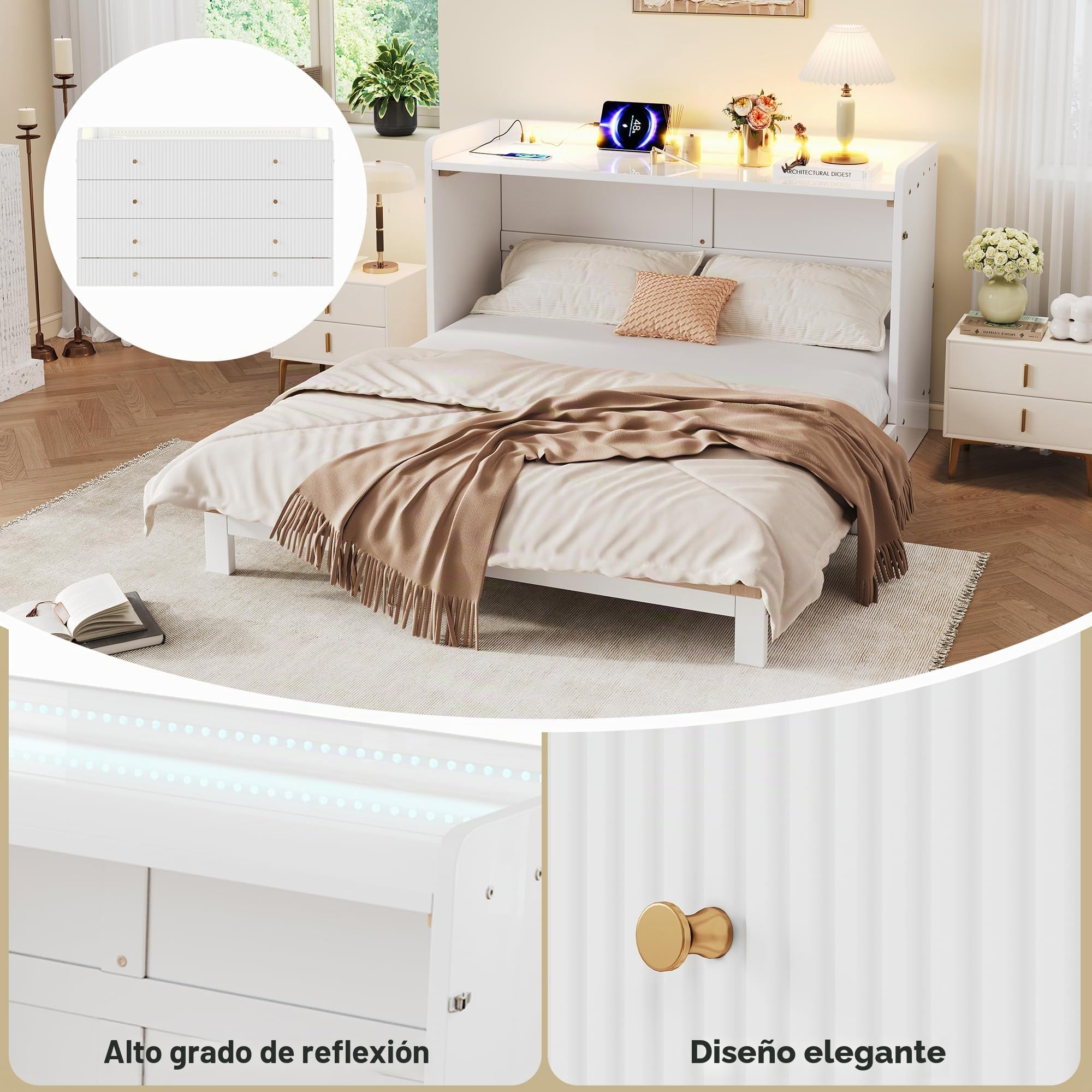 Armario cama, 140 x 200 cm, debajo de la cama se encuentran cajones, con USB y enchufe, barra de luz LED, con placa brillante, cama con plataforma convertible, sin colchón, color blanco