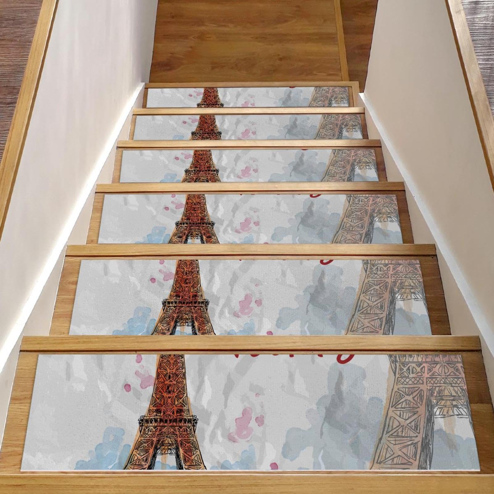 Alfombrillas antideslizantes para escaleras de madera con borde de París, tapete protector de peldaños