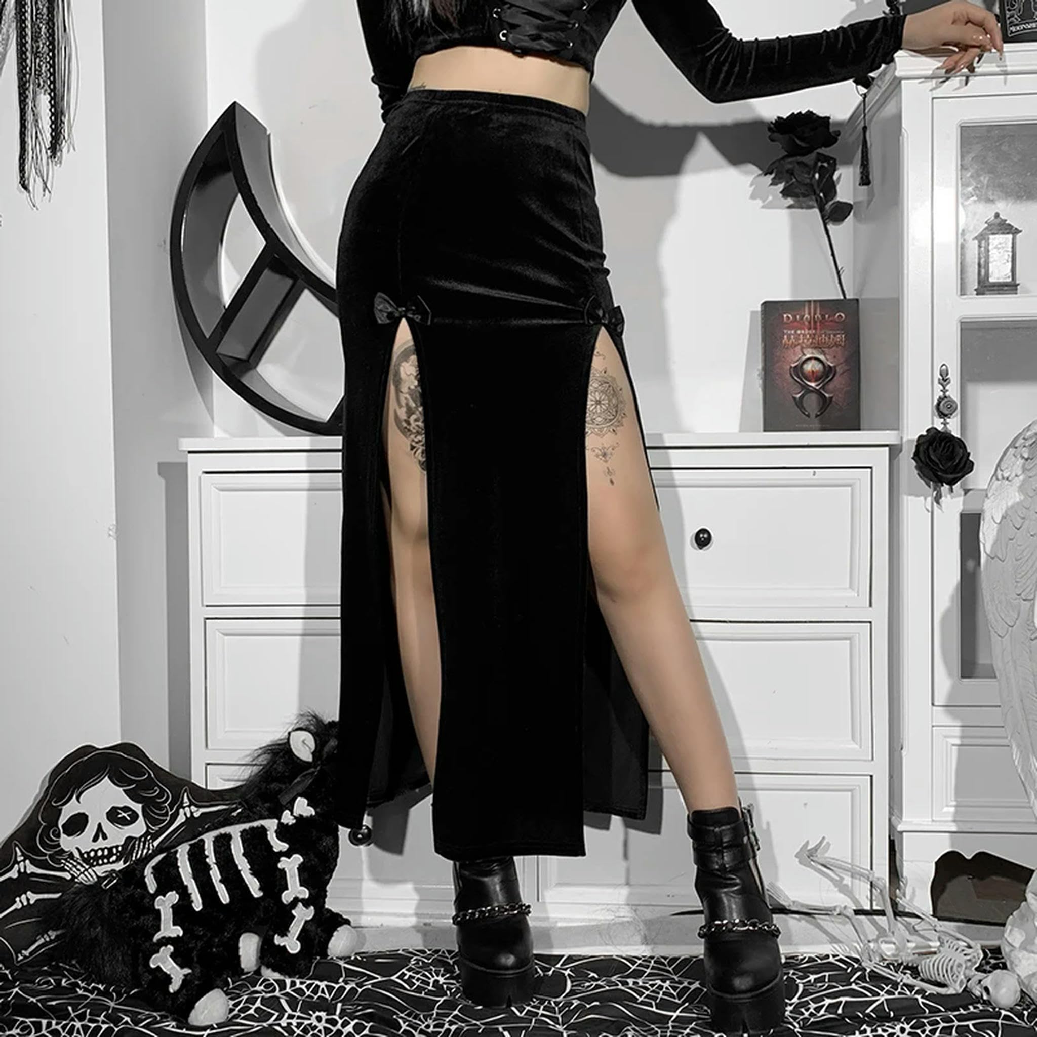 Faldas divididas Estética Cintura Alta Falda Larga Elegante E Girl Punk Ropa de Fiesta Ropa-Negro-S