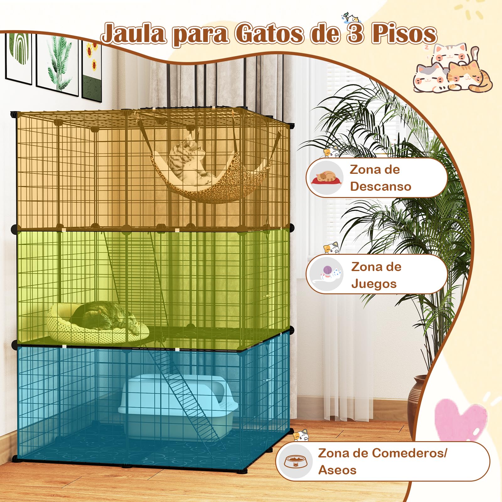 GYMAX Jaula Interior de 3 Niveles para Gatos, con Hamaca, 2 Escaleras, Panel Desmontable, Alambre Metálico y 3 Puertas Bloqueables, Apta para 1-3 Mascotas