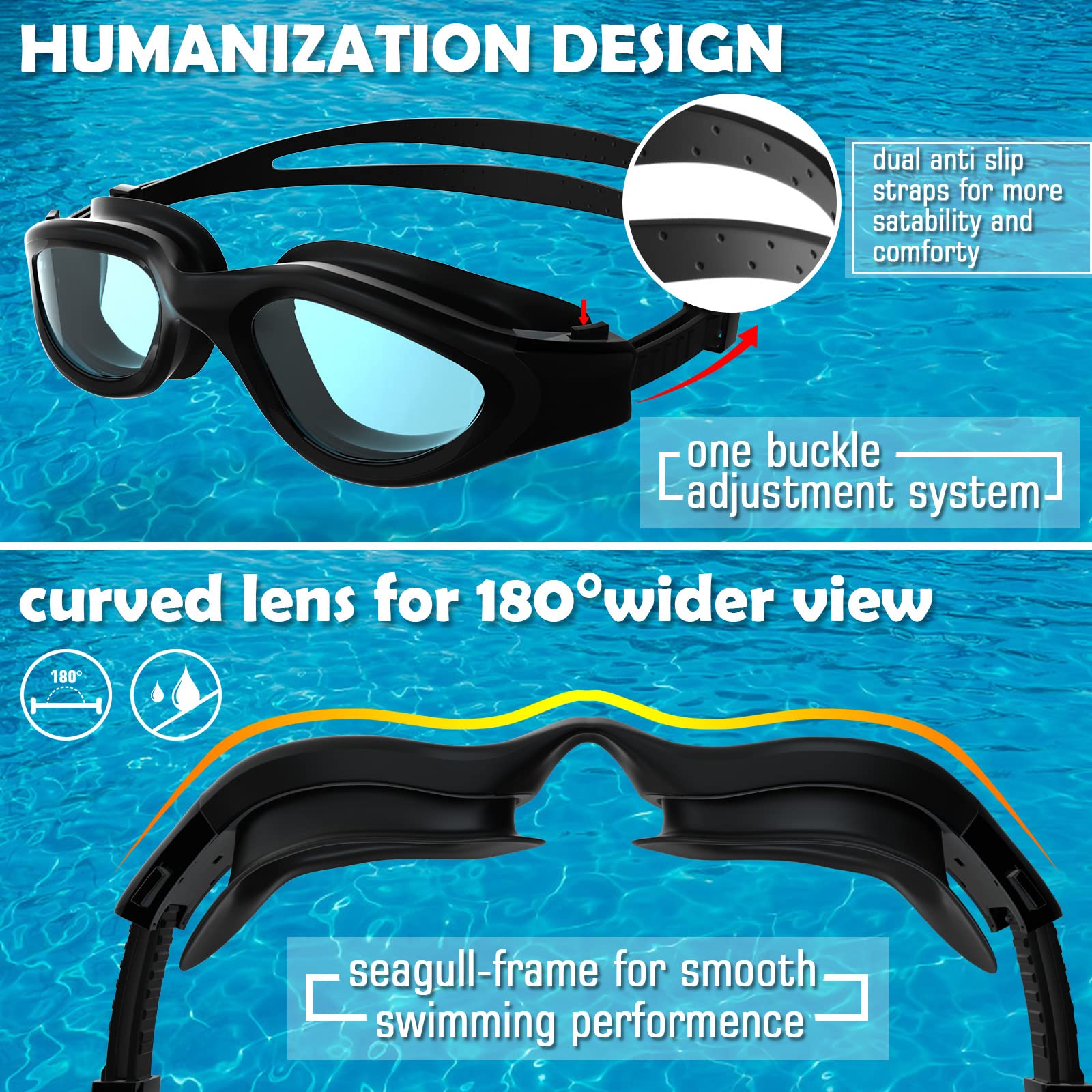 Occhialini Da Nuoto, Antiappannamento E Antiperdita, Con Lenti In Policarbonato E Clip Per Naso In Silicone. Protezione UV E Visione Panoramica A 180°. Regolabili, Per Uomo E Donna.