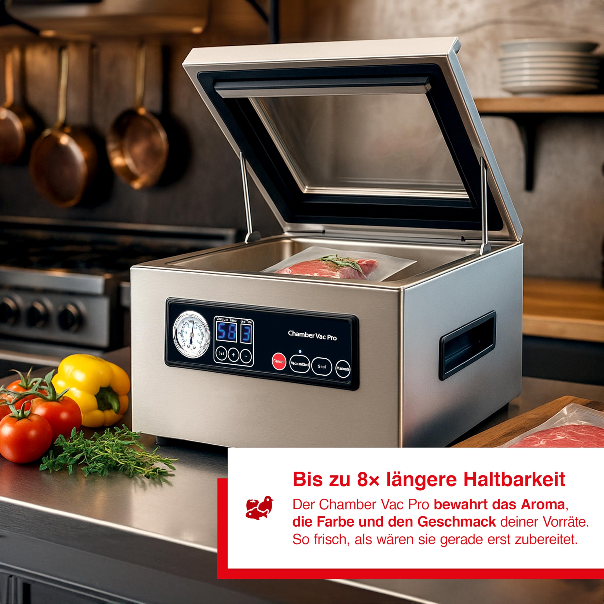 Solis Chamber Vac Pro 5702 Kammervakuumierer - Vakuumiergerät - Für Trockene und Feuchte Lebensmittel sowie Flüssigkeiten - Marinierfunktion - Inklusive 30 Vakuumbeutel - 7L Fassungsvermögen | 7L Kammer, 4 Pumpen, 350W, Flüssigkeiten vakuumieren, Marinier