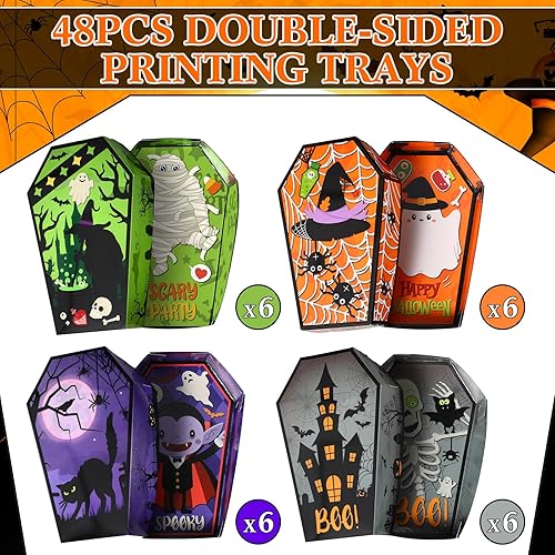 Miniatura 4 de 48 bandejas de papel desechables de Halloween para ataúd de Halloween, bandejas para nachos, cesta de servir truco o trato, botes de comida