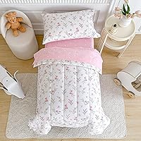 Vista 2 de Joyreap Juego de ropa de cama de algodón de 4 piezas para niñas pequeñas, diseño de flores y hojas rosadas, juego de edredón de algodón suave