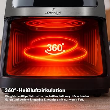 Lehmann XXL 8L Hot Air Fryer Flexible Dual Zone Chamber Viewing Window 12 Programmes Temperature Control 76-200°C Digital Display Timer Non-Stick Coating Family Air Fryer without Oil