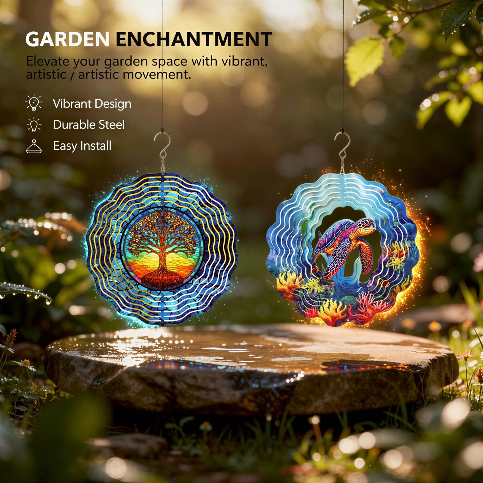 2 STK. 11,8 Zoll Garten Wind Spinner für draußen, 3D mehrlagiger Edelstahl Windspinner mit Baum des Lebens und Meeresschildkröte, Drehdeko für Terrasse, Veranda, Balkon, Garten