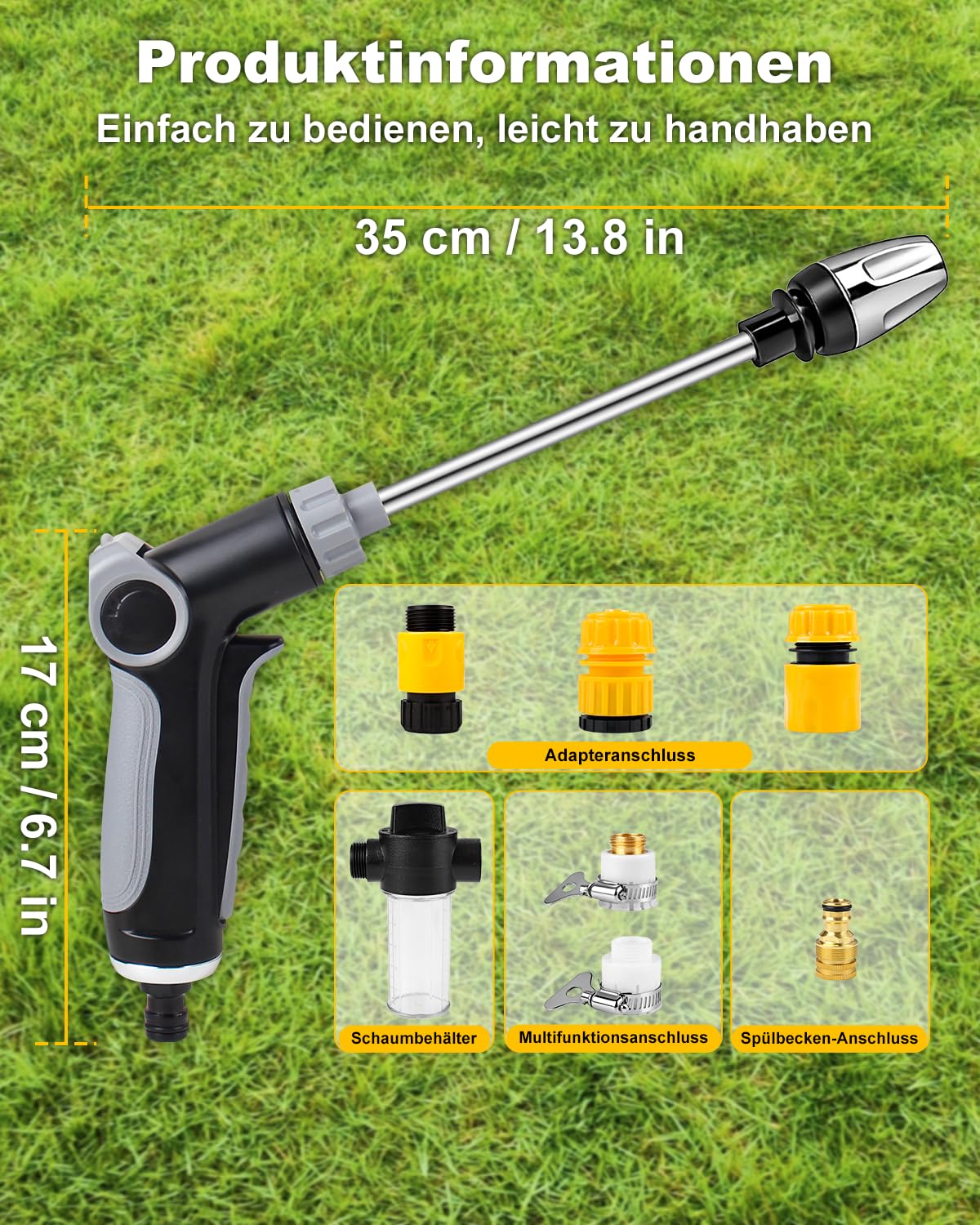 Power Jet Gartenschlauch Spritze mit Wasserregler & Arretierung, 3 Strahlarten Gartenbrause, Ergonomische Wasserspritze für Auto, Pflanzen, Terrasse & Reinigung, Rostfrei