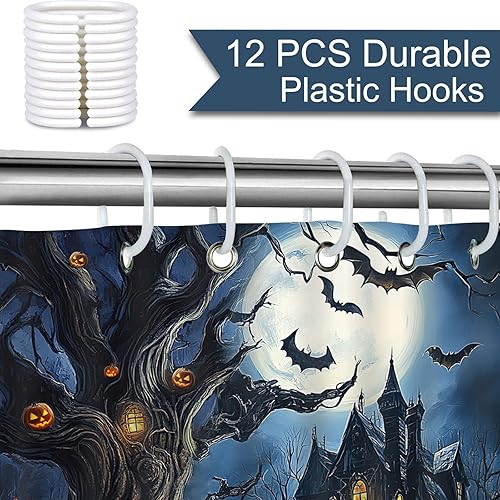 Miniatura 4 de Mocsicka Cortina de ducha de castillo de Halloween, noche aterradora, luna llena, castillo de terror, casa embrujada, cortina de ducha de tela