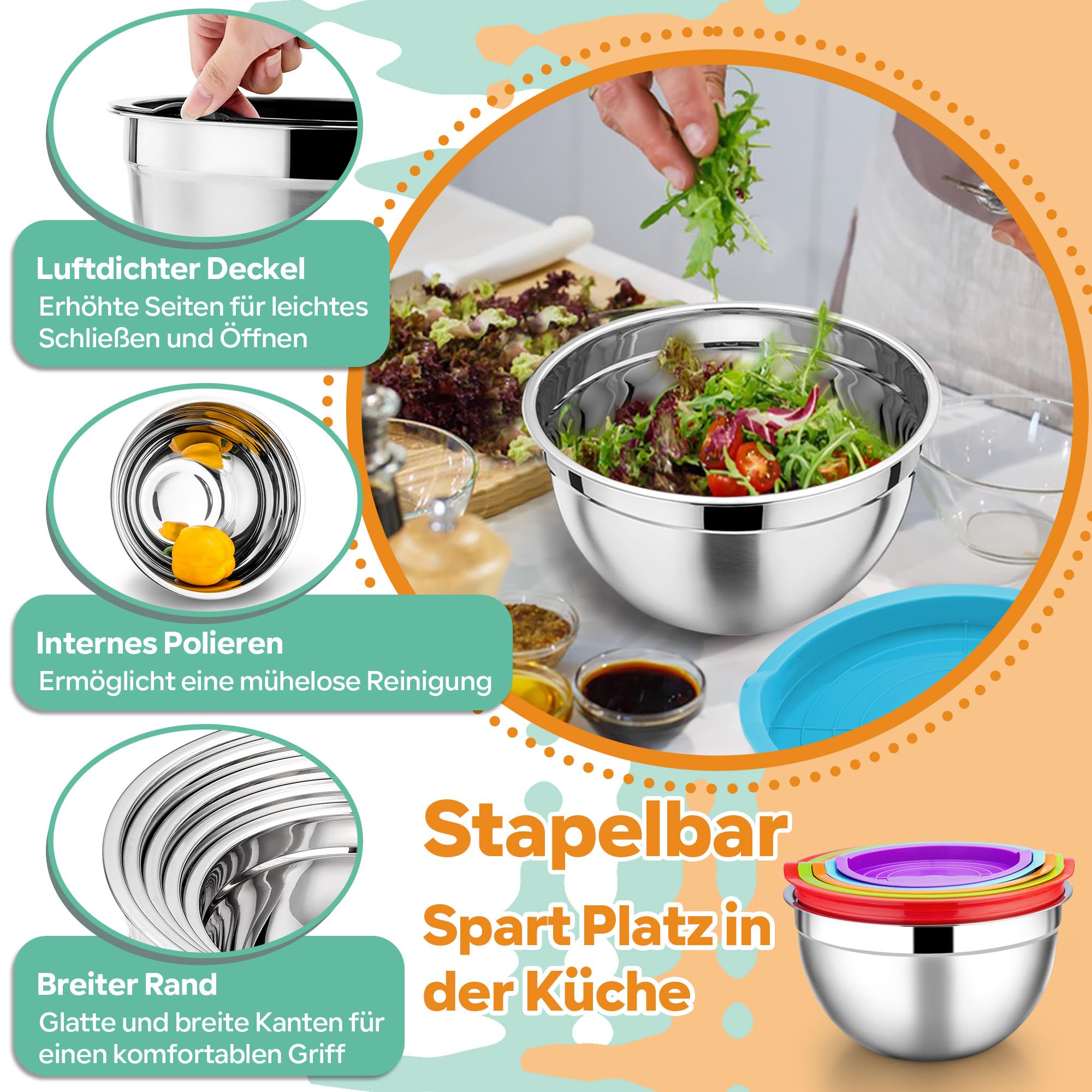 HaWare Juego de 7 cuencos para mezclar, de acero inoxidable, apilables, con tapa hermética para hornear, cocinar, preparar, apto para lavavajillas, 6,5, 4,5, 3, 2,5, 1,5, 1,2 y 0,7 l, multicolor