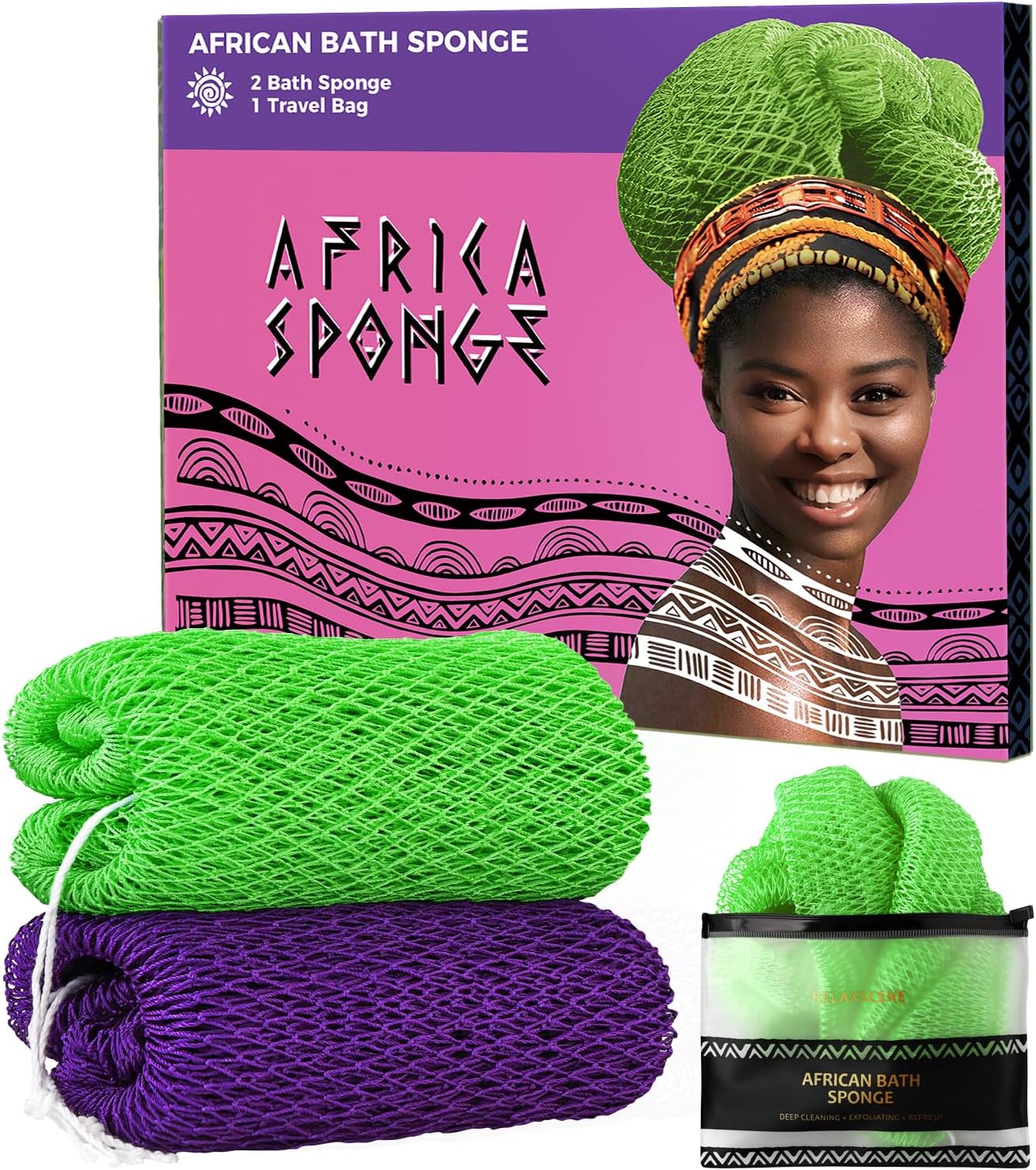 Authentic African Net Sponge with Knots - 2 Purple & Green Exfoliating Body Scrubbers for Women - Back Scrubber Shower Exfoliator