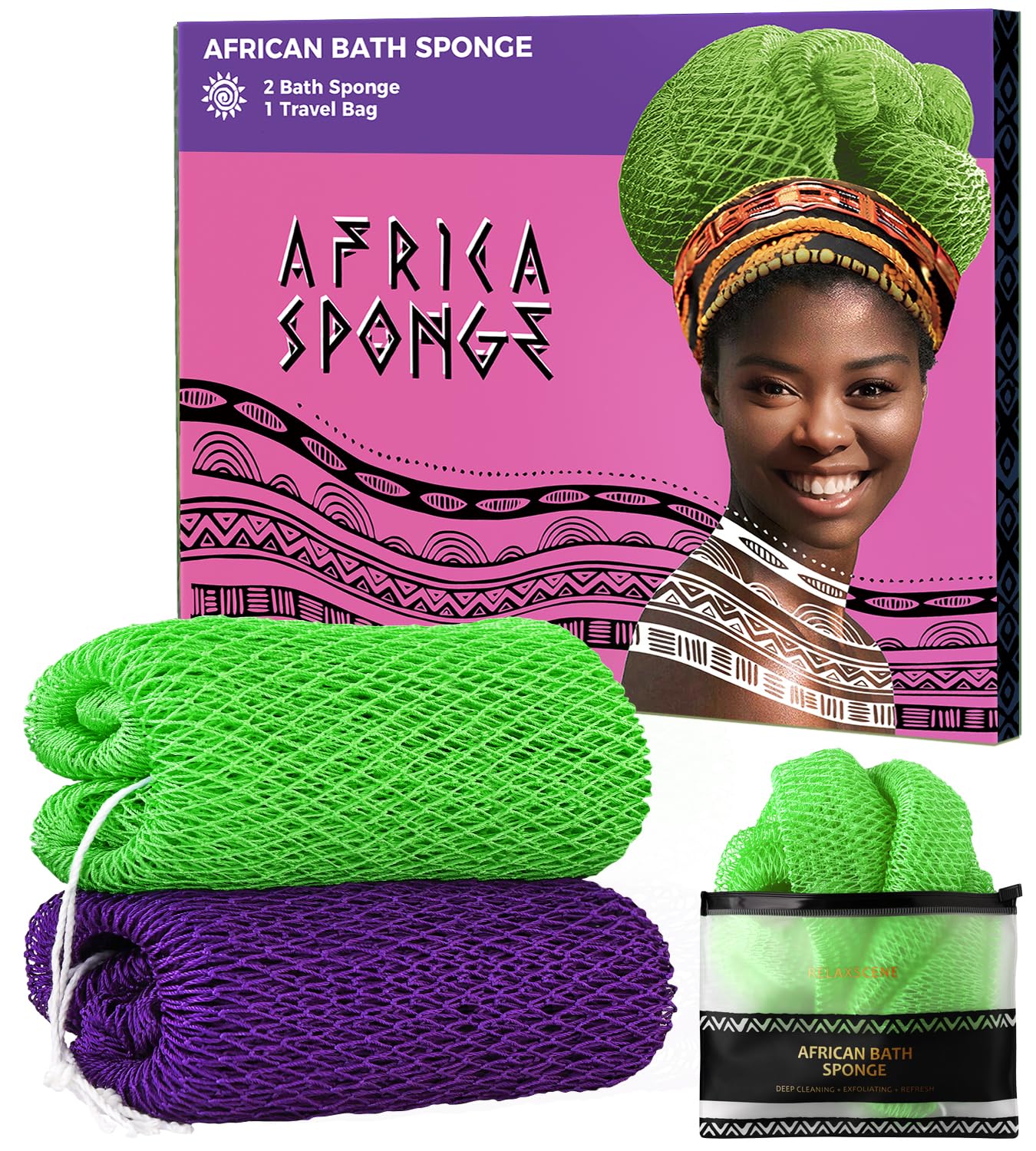 Authentic African Net Sponge with Knots - 2 Pieces Exfoliating Body Sponge Purple & Green - Back Scrubber Shower Exfoliator for Women Personal Care - Shower Scrub for Body Wash Bathing Accessories