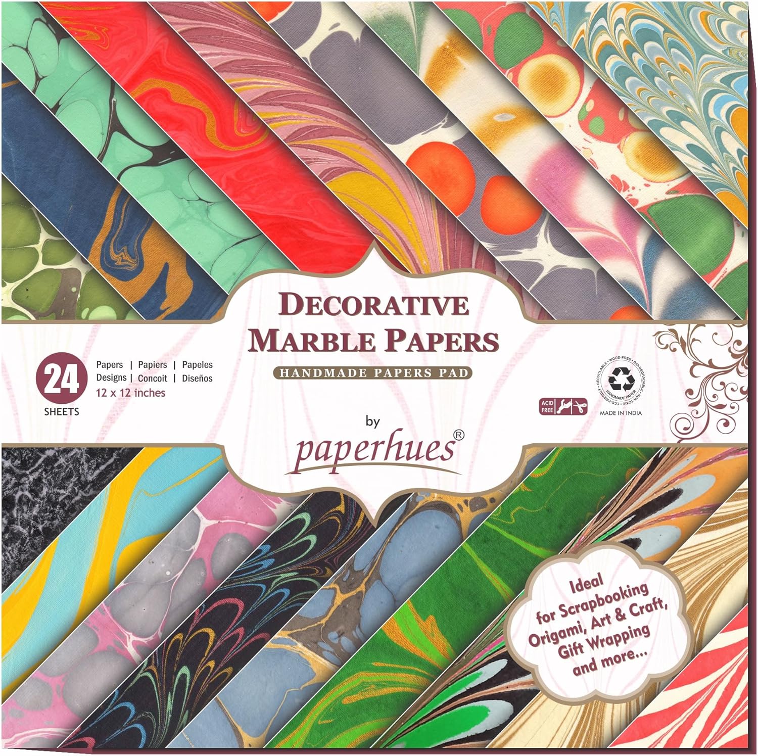 Paperhues Marbled Handmade Scrapbook Papers Collection 12x12" Pad, 24 Sheets.