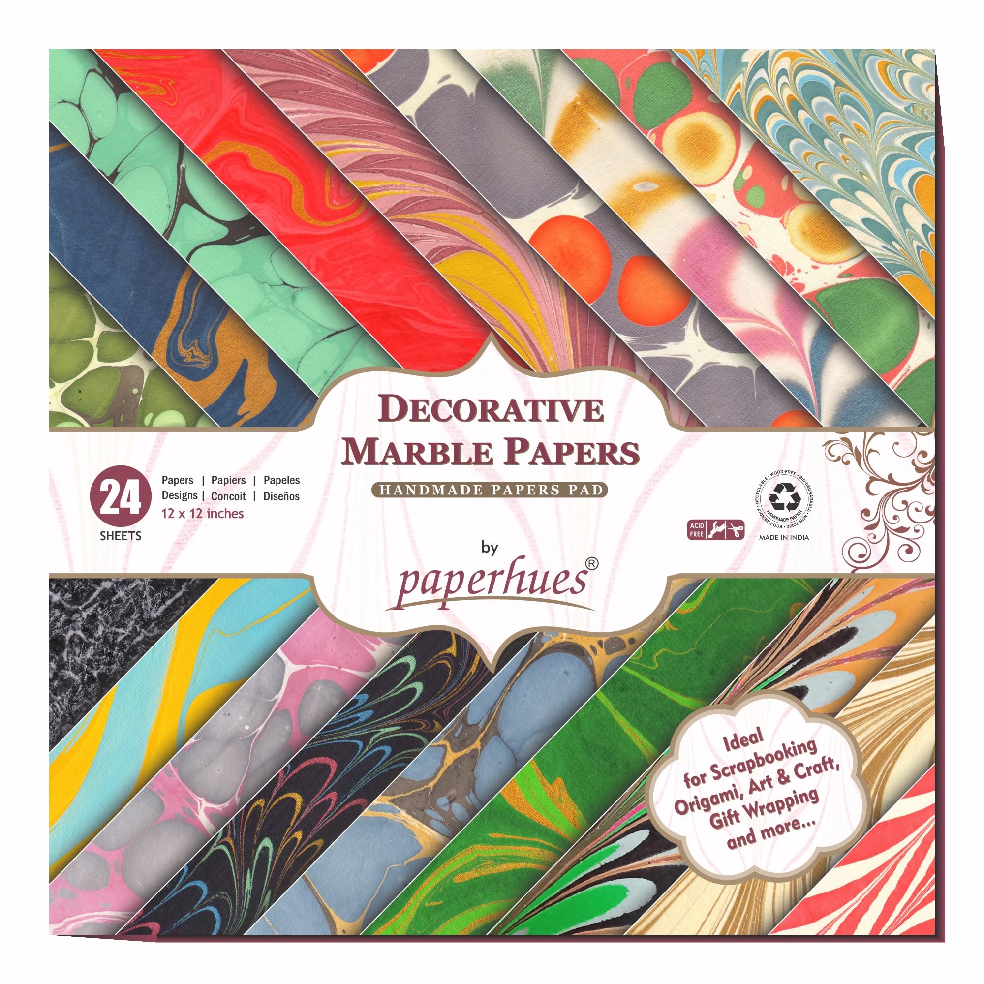 Paperhues Marbled Handmade Scrapbook Papers Collection 12x12" Pad, 24 Sheets.