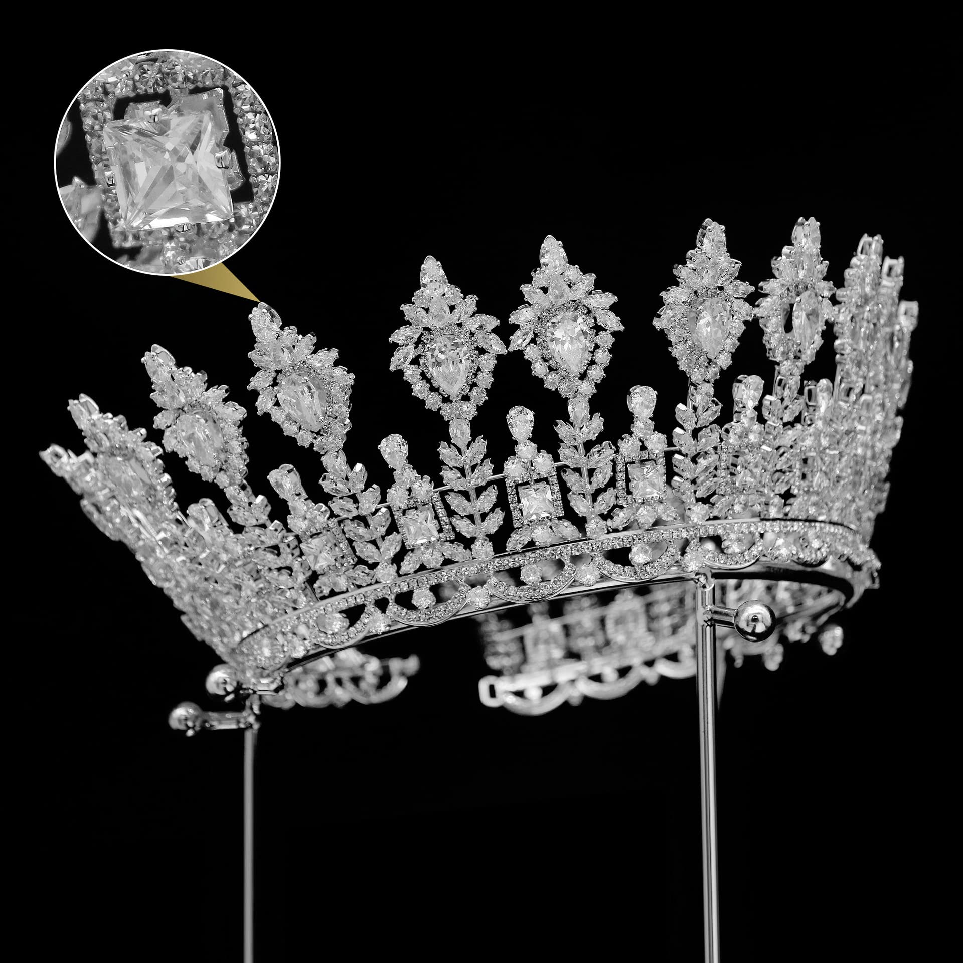 QXMYOO Tiaras de boda de lujo, corona redonda de circonita cúbica 5A para mujer, corona de princesa reina, diadema de cristal, accesorios grandes para el cabello de novia