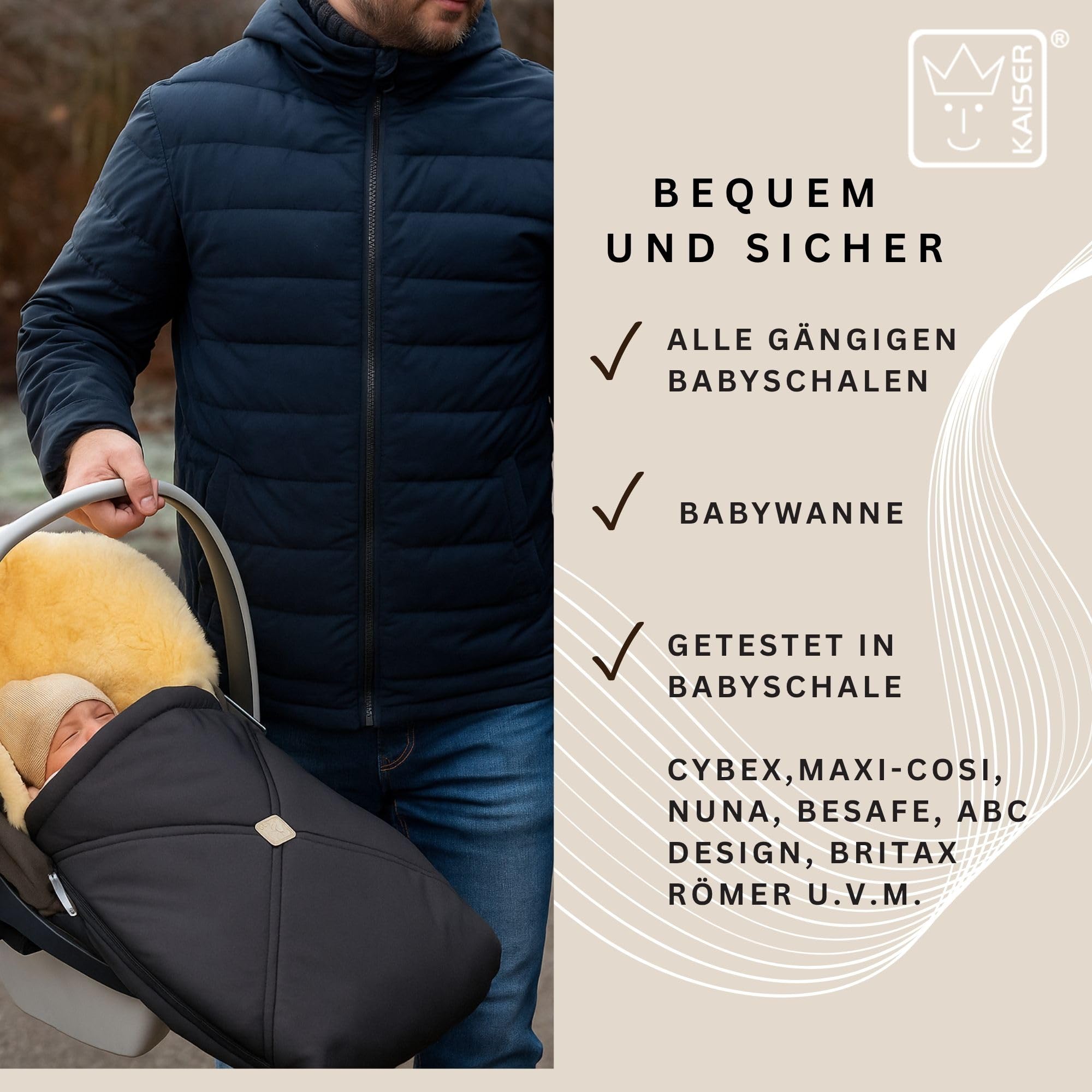 KAISER Emmy Lammfell-Fußsack für Babyschalen, 80 x 37 cm, Abnehmbares Oberteil mit 2-Wege-Reißverschluss (salbei green)