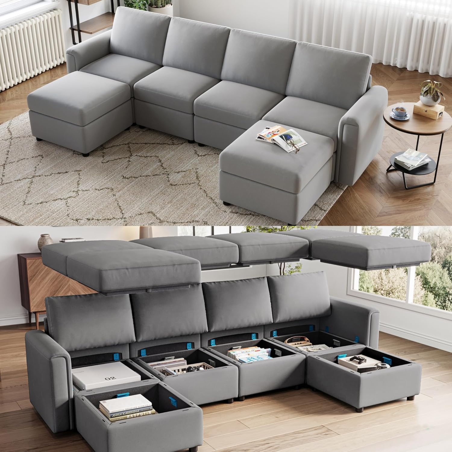 LINSY HOME Modular Sectional Sofa, 114″ U Shaped Couch with Storage Seats, Oversized Couches with 2 Movable Ottomans for Living Room, Grey