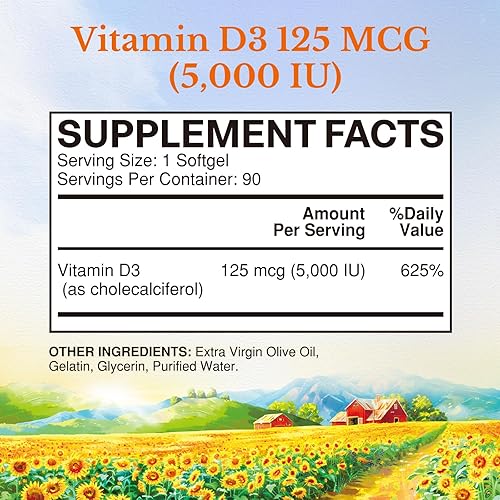 Miniatura 2 de Vitalitown Vitamina D3 125 mcg (5000 UI) de alta potencia para apoyo a la salud ósea, dientes, corazón e inmunológico, a base de aceite de oliva,