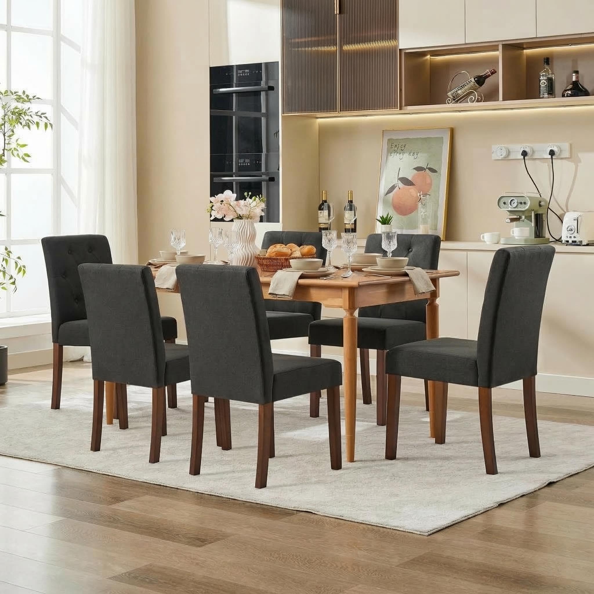 IDEALHOUSE Dining Chairs Set of 6, Linen Fabric Upholstered Parsons Chairs with Rubberwood Legs, Comfortable Padded Seat Kitchen, Dining Room Side
