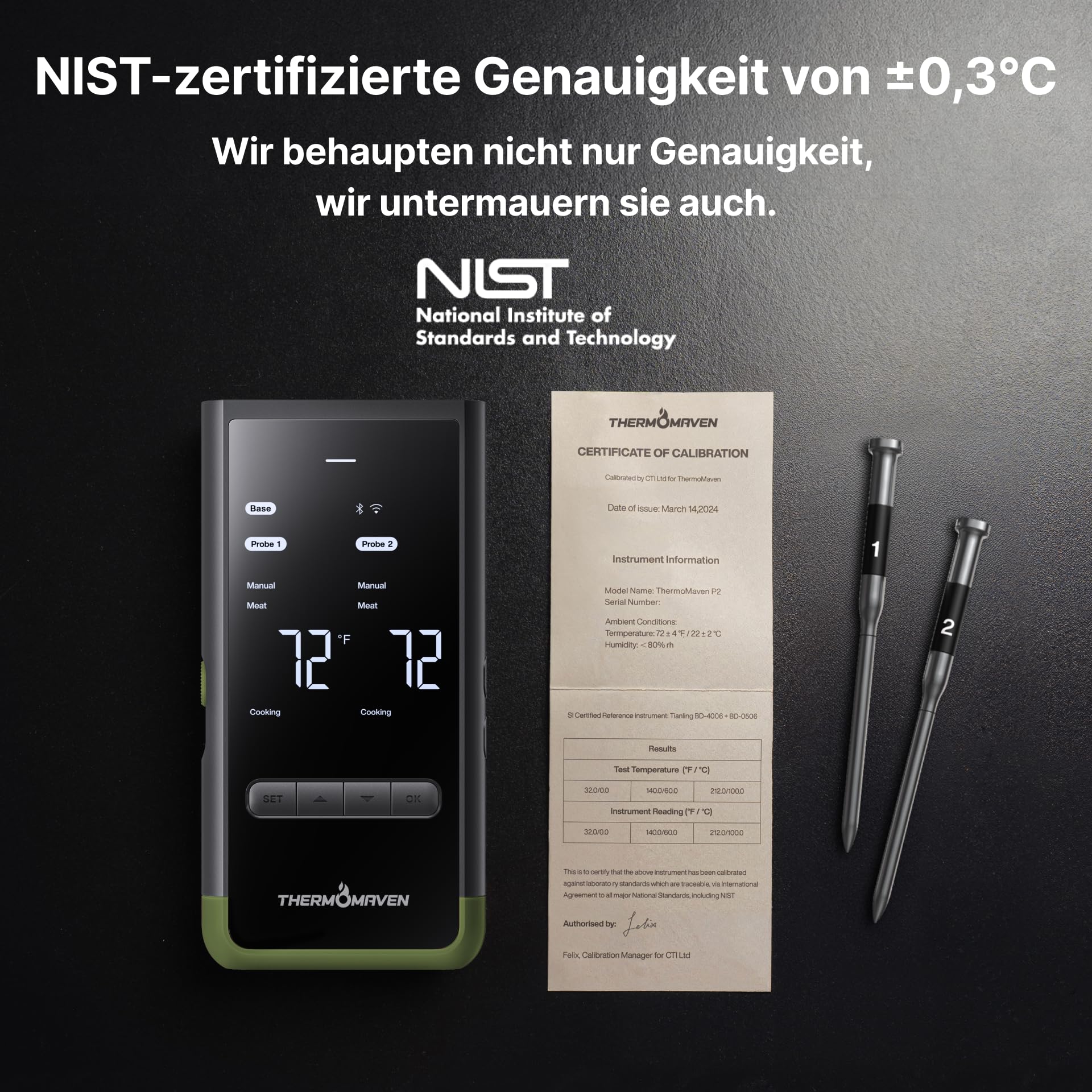 ThermoMaven Smartes Fleischthermometer Kabellose mit Basisstation, Bluetooth & WLAN, 2 Fühler, 6 Sensoren, NIST-zertifiziert, große, stabile WLAN-Reichweite, für Smoker, Backofen & BBQ, Avocadogrün