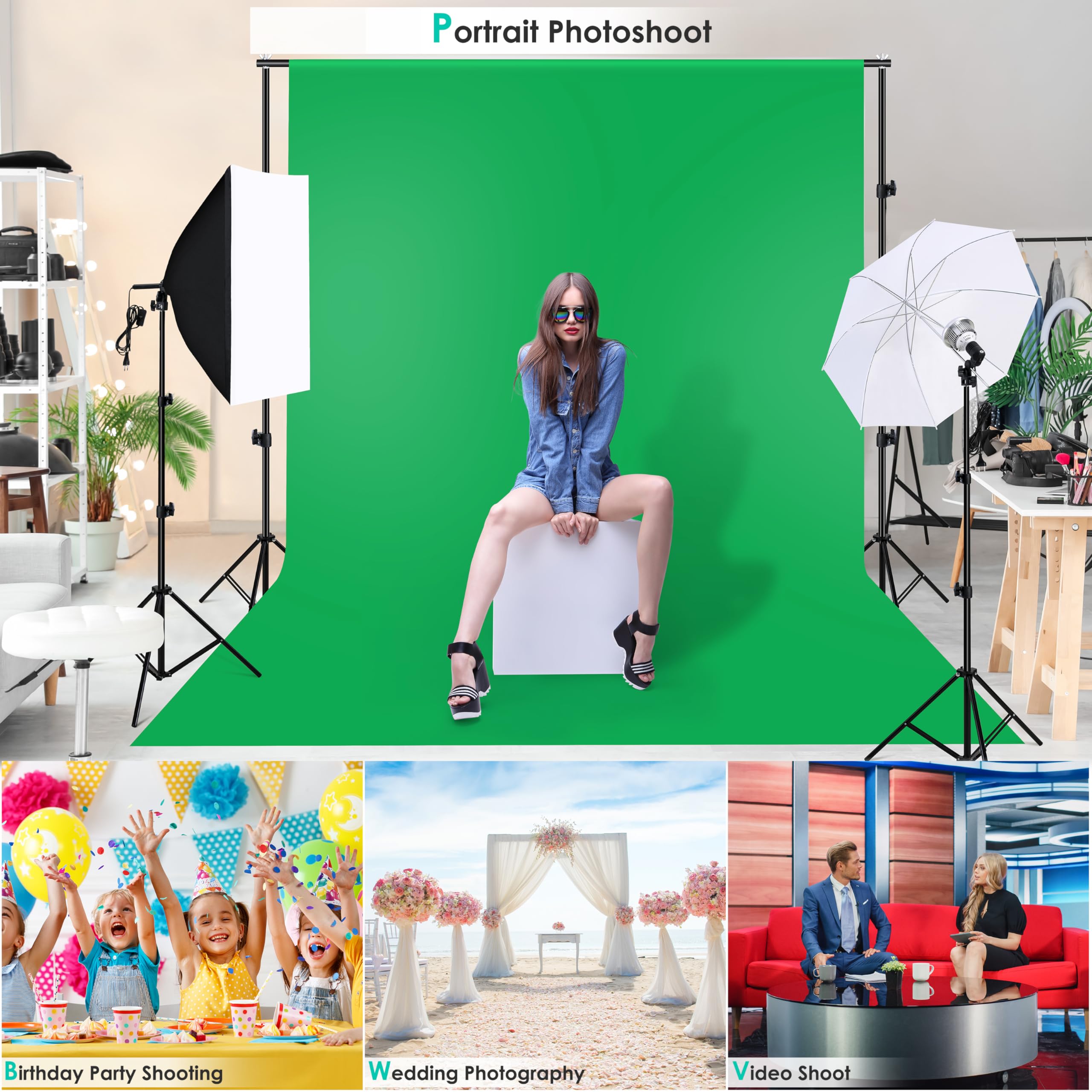 Kit Studio Photo Clevich, 2,6m x 3m Système de Support de Toile de Fond avec LED Parapluie Softbox 5 en 1 Réflecteur, Set pour Studio Photo Professionnel pour Portrait et Photographie Vidéo