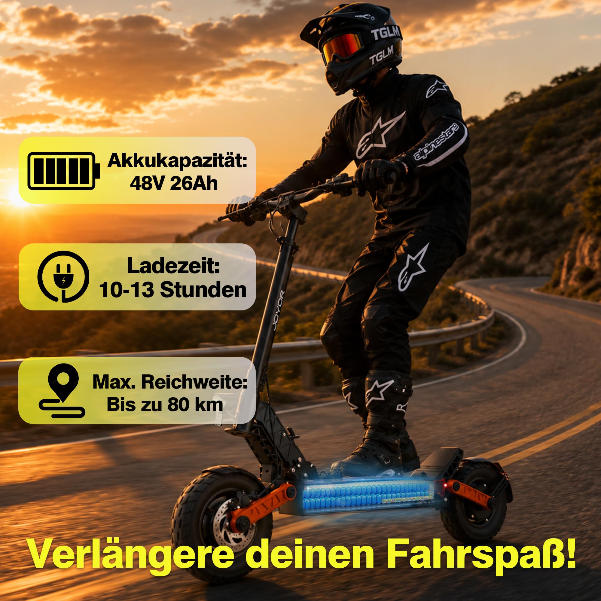 Trottinette Électrique Adulte, Batterie 48V 26Ah, Autonomie Jusqu’à 80 km, Freins Hydrauliques, Pneus Tout-Terrain 10", Double Suspension, Châssis en Aluminium