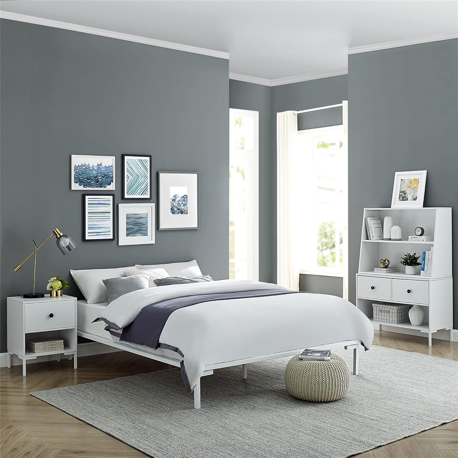 Classic Brands Coventry Wood Slat and White Metal Platform Bed Frame Base, King