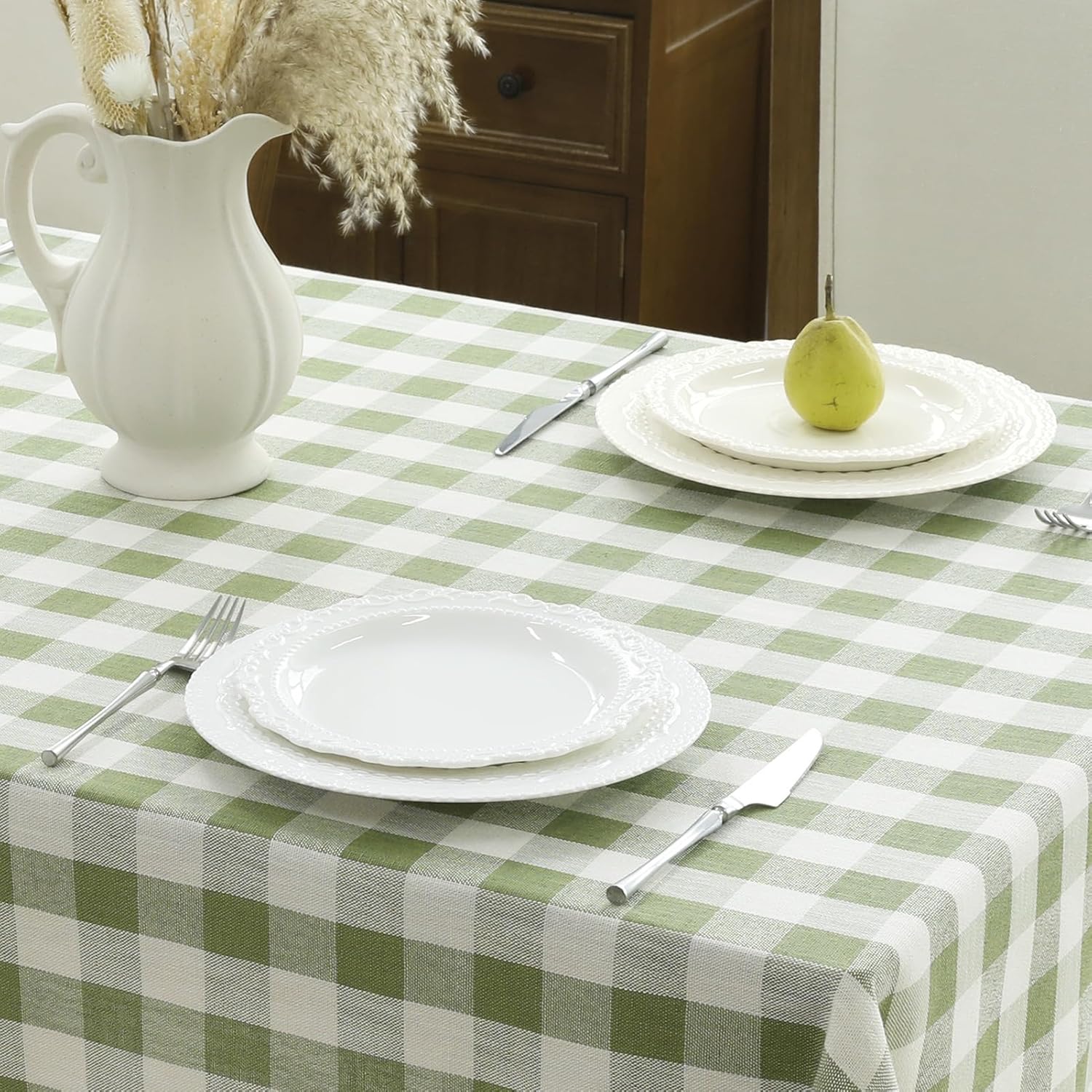 Romanstile Spring Checkered Tablecloth Square, Outdoor Waterproof Heavy Duty Linen Cotton Gingham Table Cloth with Tassel, Wrinkle Free Plaid Table Cover for Easter Picnic Party, 55 x 55 Inch, Sage Sagegreenplaid 55" x 55" (Square)