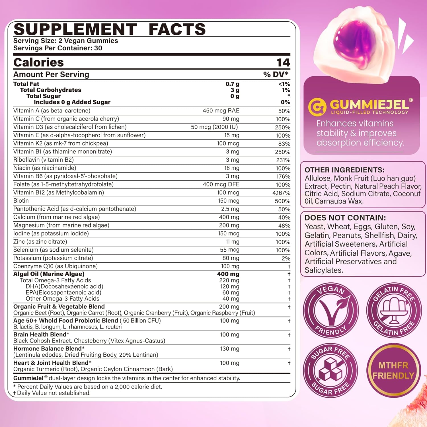 Multivitamin for Women 50 Plus Gummies, Vegan Omega 3, Methylfolate, Calcium, D3 K2, CoQ10, Daily Vitamin A C E, Methylated B12, Biotin, B Complex, Zinc - Bone, Energy, Longevity - Sugar Free, 60Count