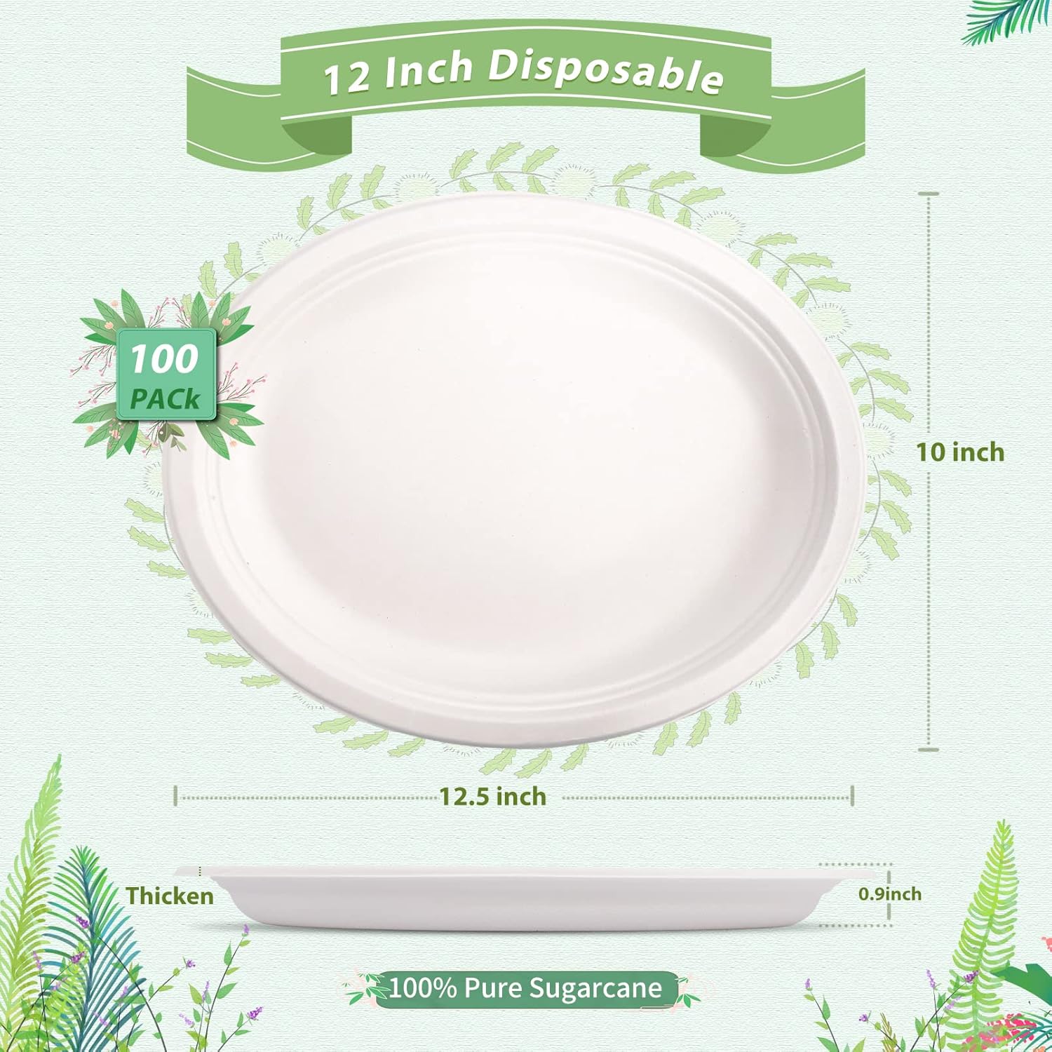 100Pack Disposable Paper Plates, 12.5 Inch Oval, Eco-Friendly, Compostable, White Dinner Plates for Party, Picnic