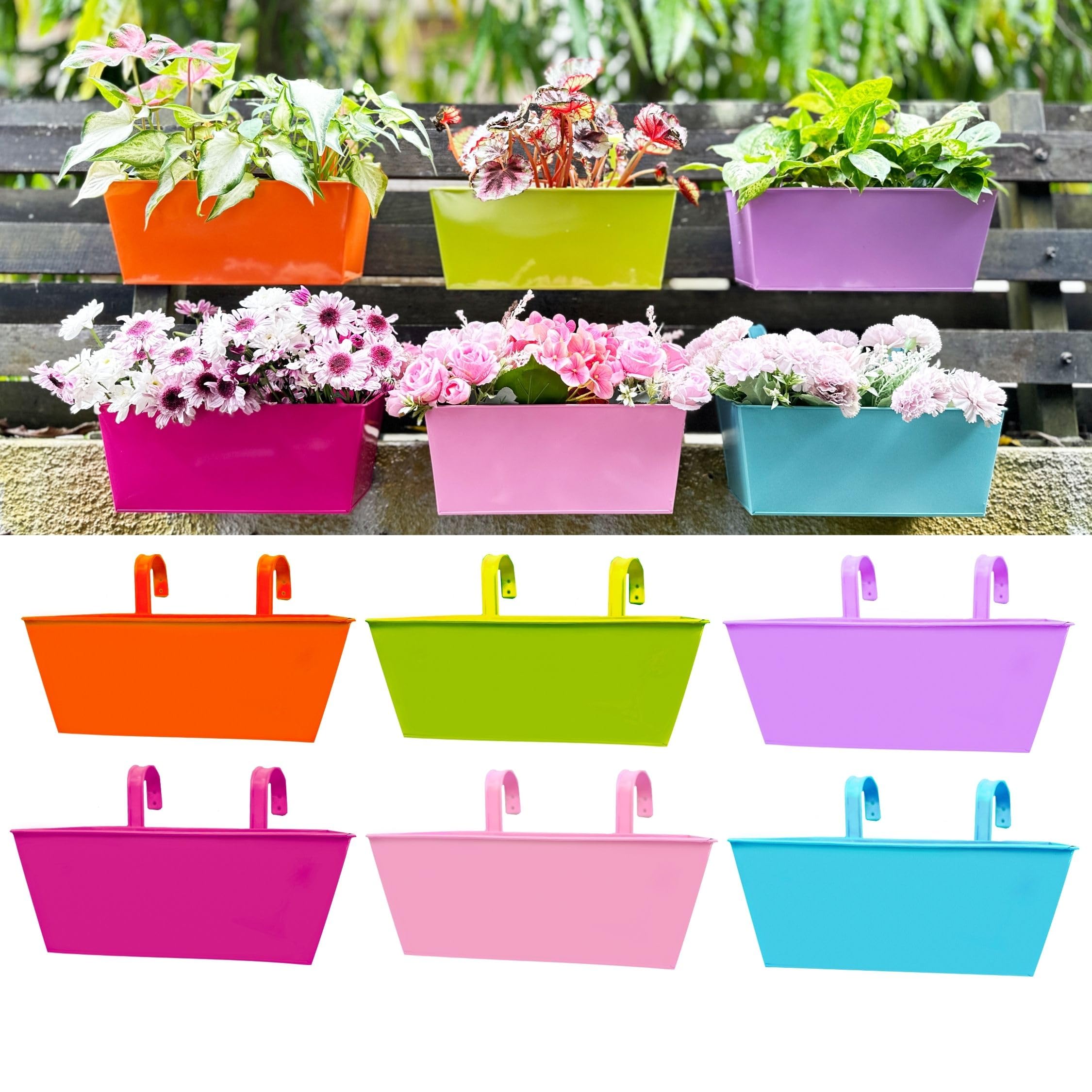 LaLaGreen Lot De 6 Grands Pots De Fleurs Rectangulaires En Métal Noir à